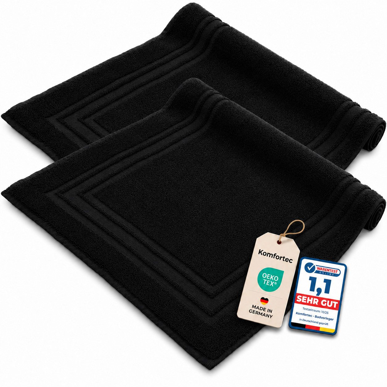 Komfortec Badematte 2er Badetuch Set aus 100% Baumwolle 50x70 cm Extra Weich & Saugstark, Rechteckig, 600 g/m²