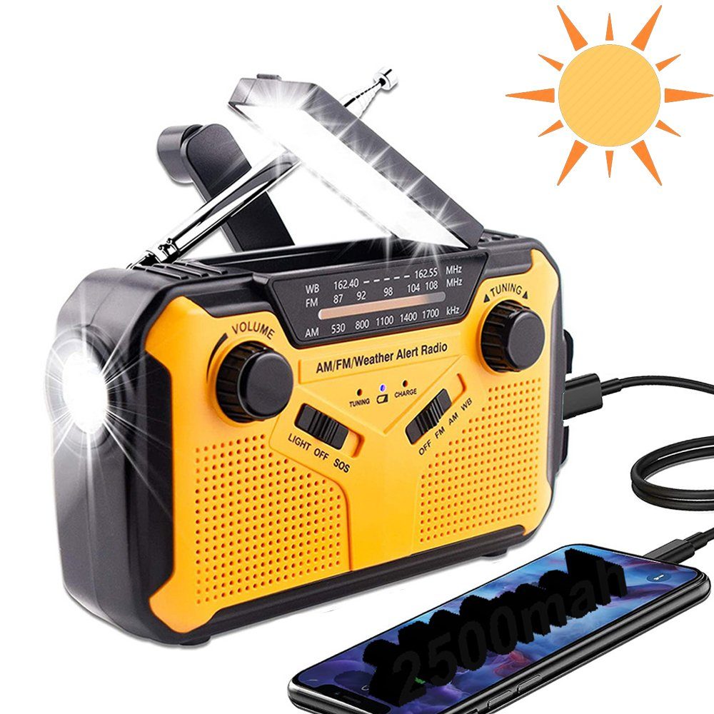 Radio für (AM/FM) (mit Outdoor) Alarm 2500mAh Leselampe, Tragbares, Kurbelradio Radio Taschenlampe Solar XIIW LED Handkurbel Wandern, SOS Kurbelradio