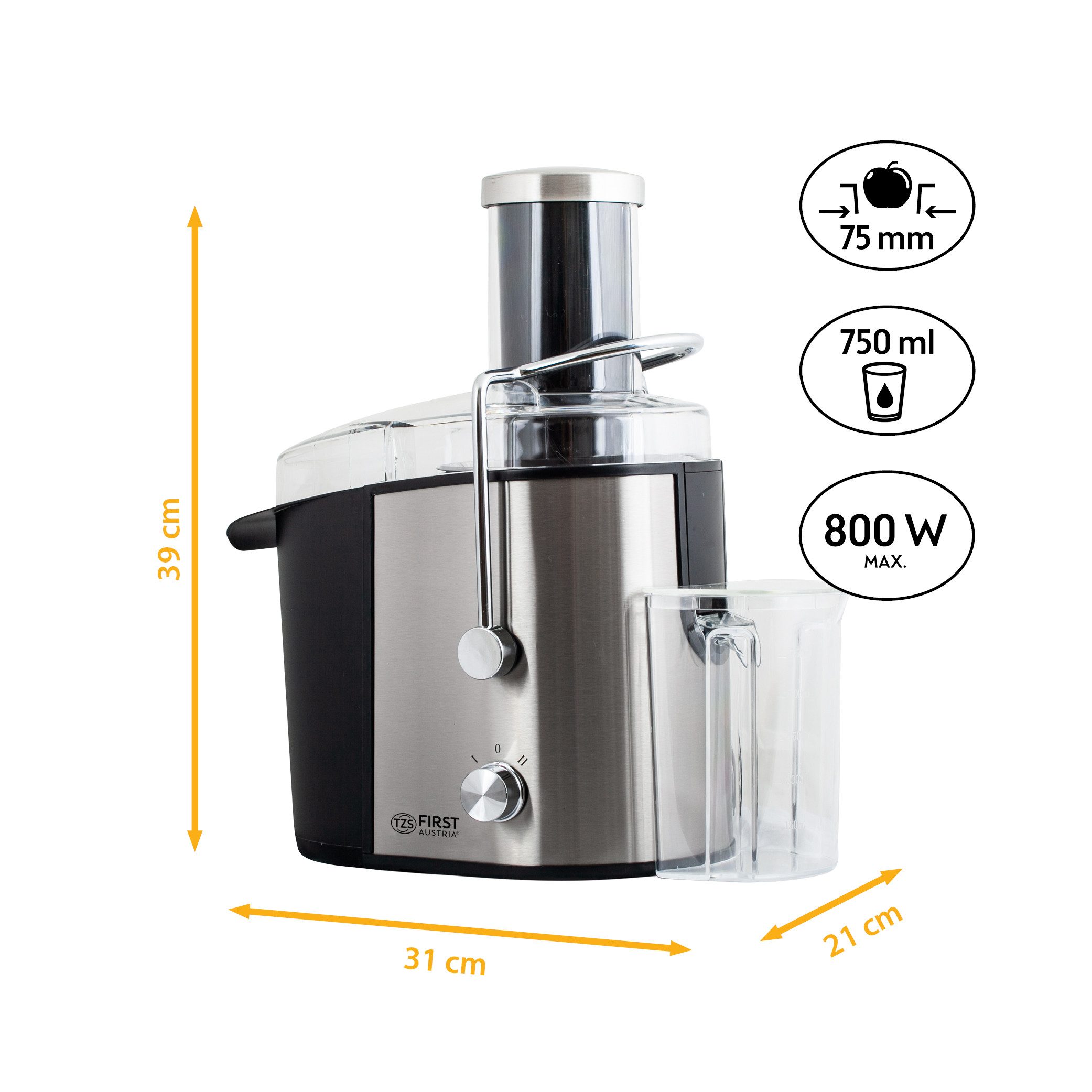 TZS FIRST AUSTRIA Entsafter Elektrische Saftpresse, mit 2 Geschwindigkeitsstufen & Drehschalter, 800 W, Edelstahl, Juicer, 800 W, Gemüse & Obst Entsafter