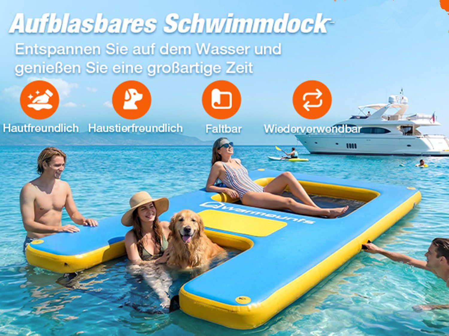 Warmounts Schwimminsel aufblasbar Luftmatratze 340kg Tragkraft mit Hunde-Bootsrampe 305×183cm, Schwimmdock Für 4-5 Personen mit Rutschfester EVA-Oberfläche
