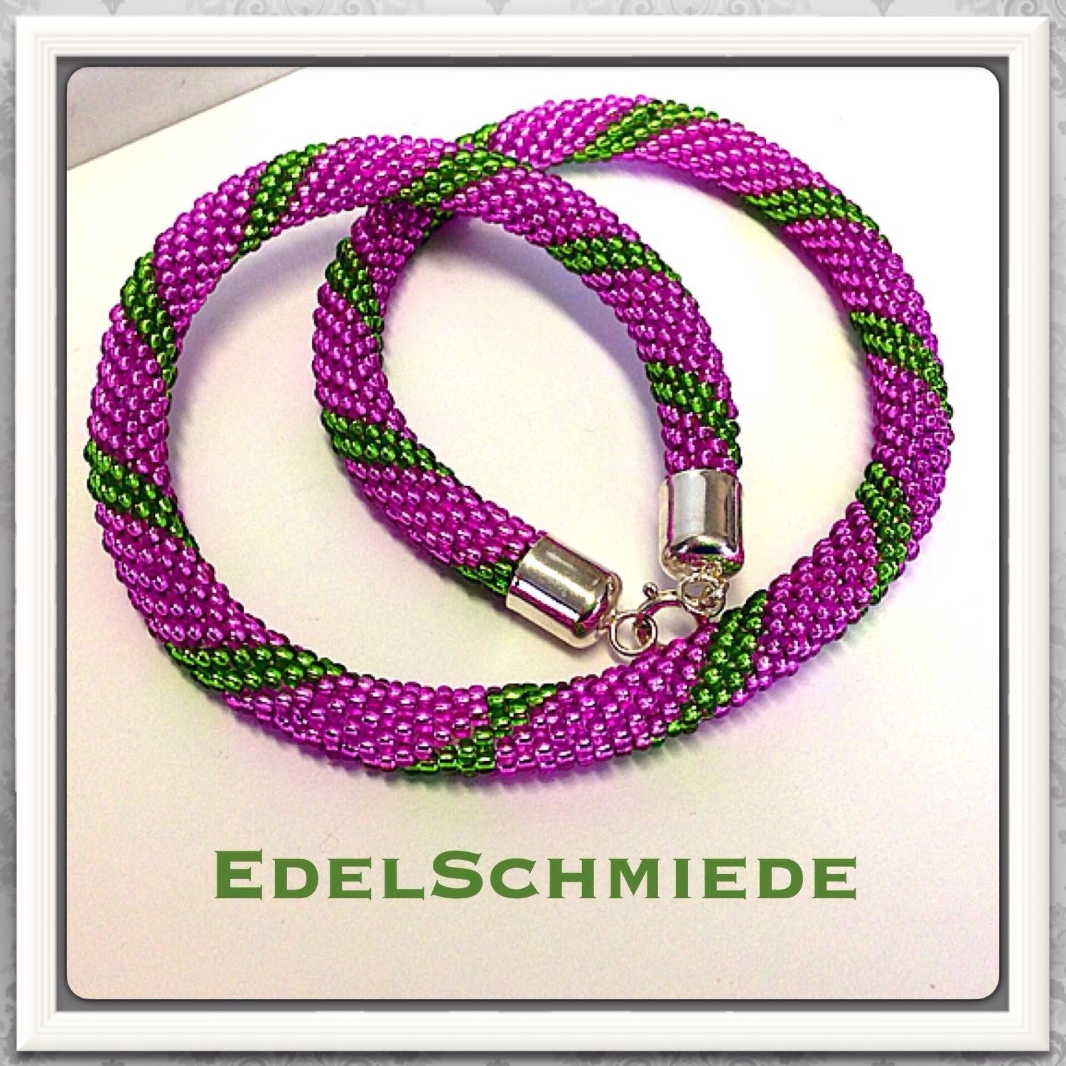 Kette ohne Anhänger Häkelkette Grün + Pink 925/- Verschluß Handarbeit Unikatschmuck 43cm