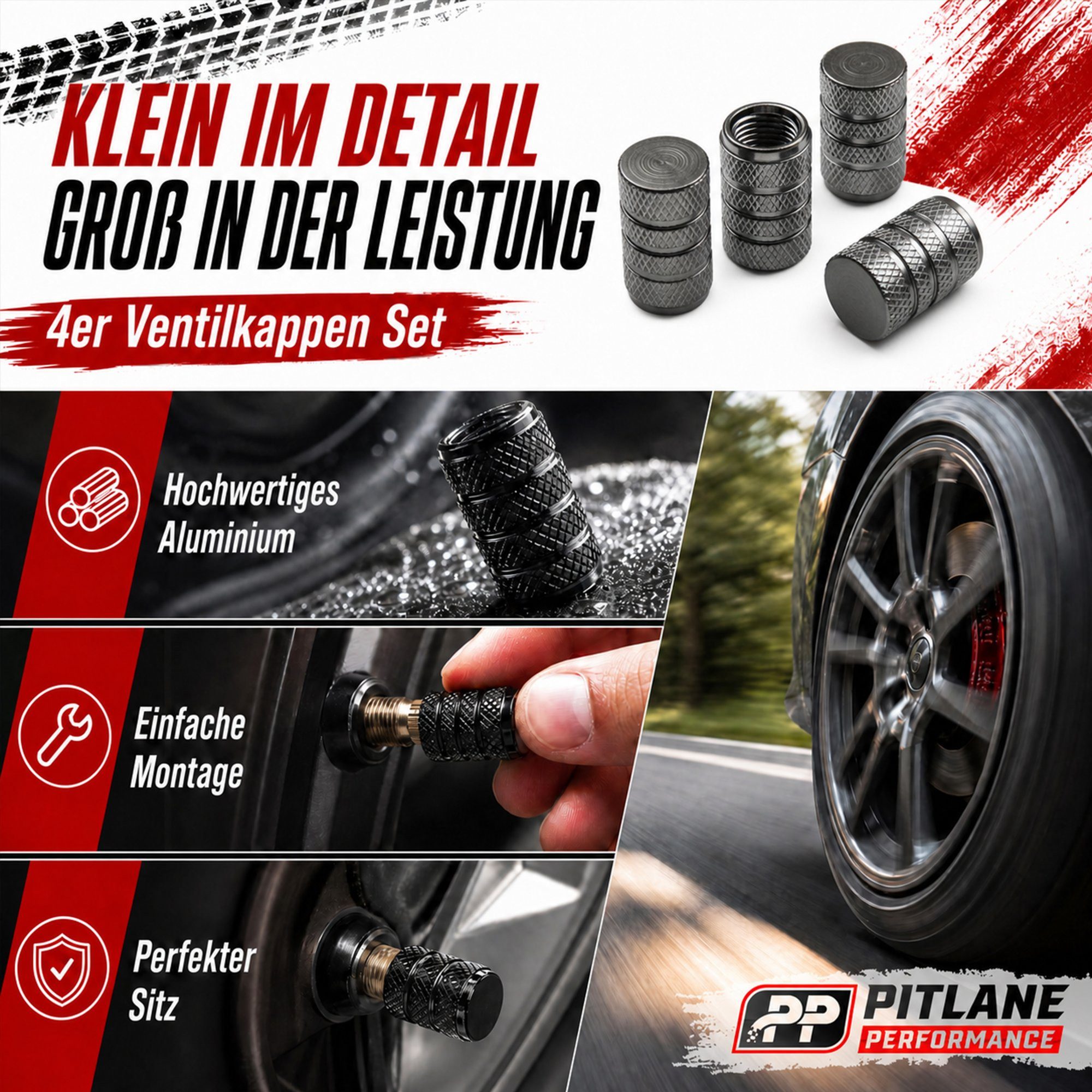 Pitlane Performance Ventilkappe Alu-Ventilkappen für Schrader-Ventile, (Ventilkappen-Set, 4-St., 4 Stück aus Aluminium), Korrosionsschutz und innenliegende Dich – Bild 4 von 5