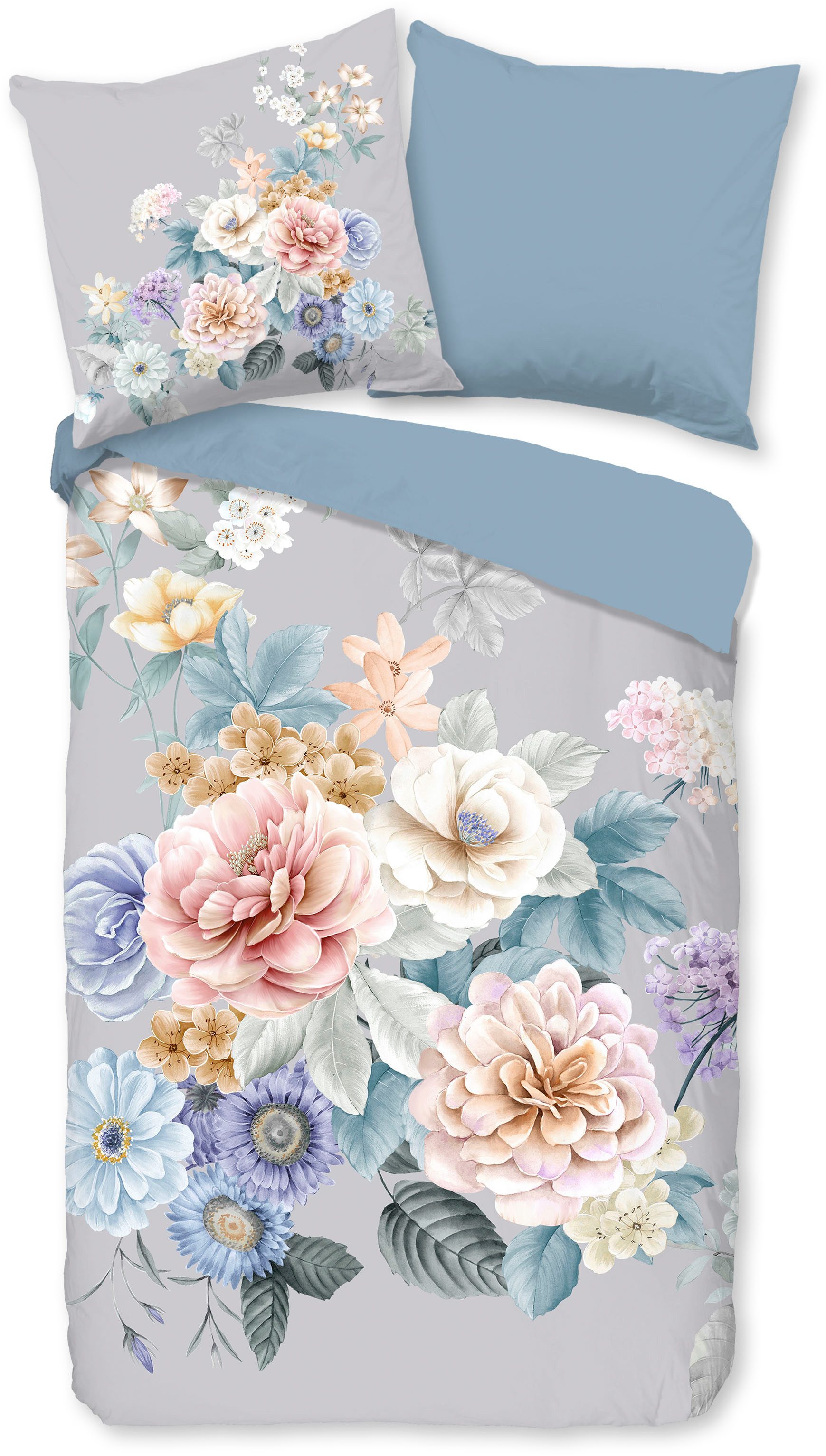 good morning Wendebettwäsche Ulm, Renforcé, 2 teilig, Baumwolle, Renforcé, Reißverschluss, Wendeoptik, Blumen, Grau, Blau