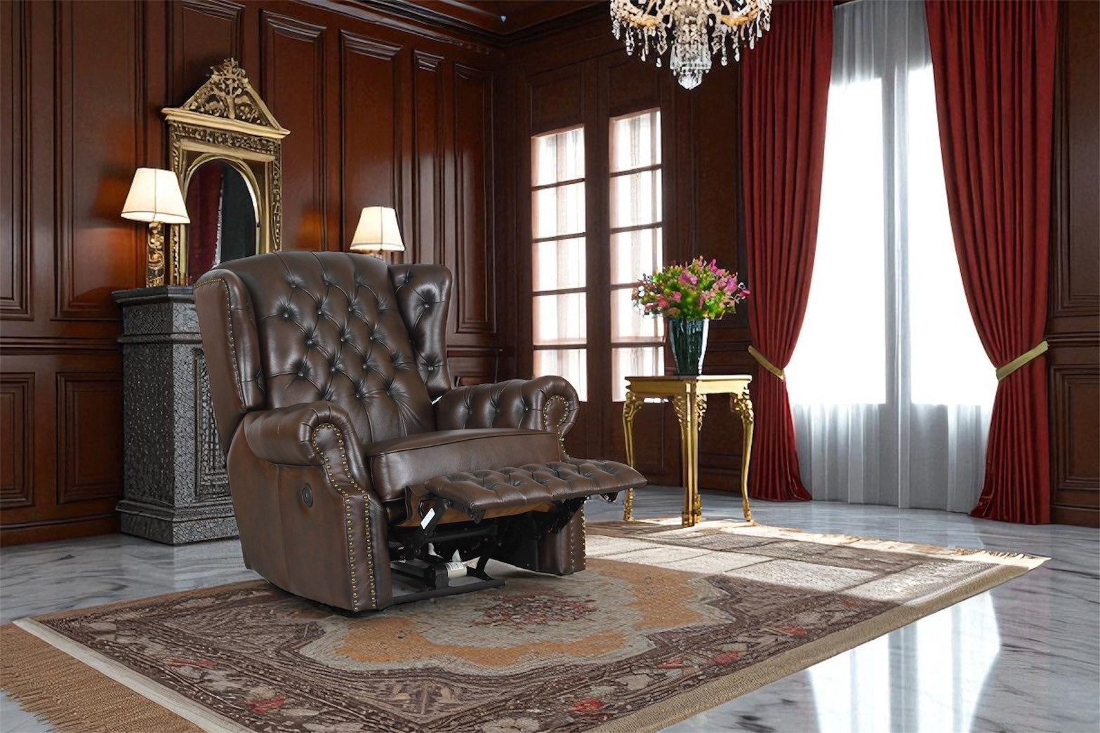 Salottini Chesterfield-Sessel Edler Chesterfield Ohrensessel Stunning Motor Recliner braun, Vollleder