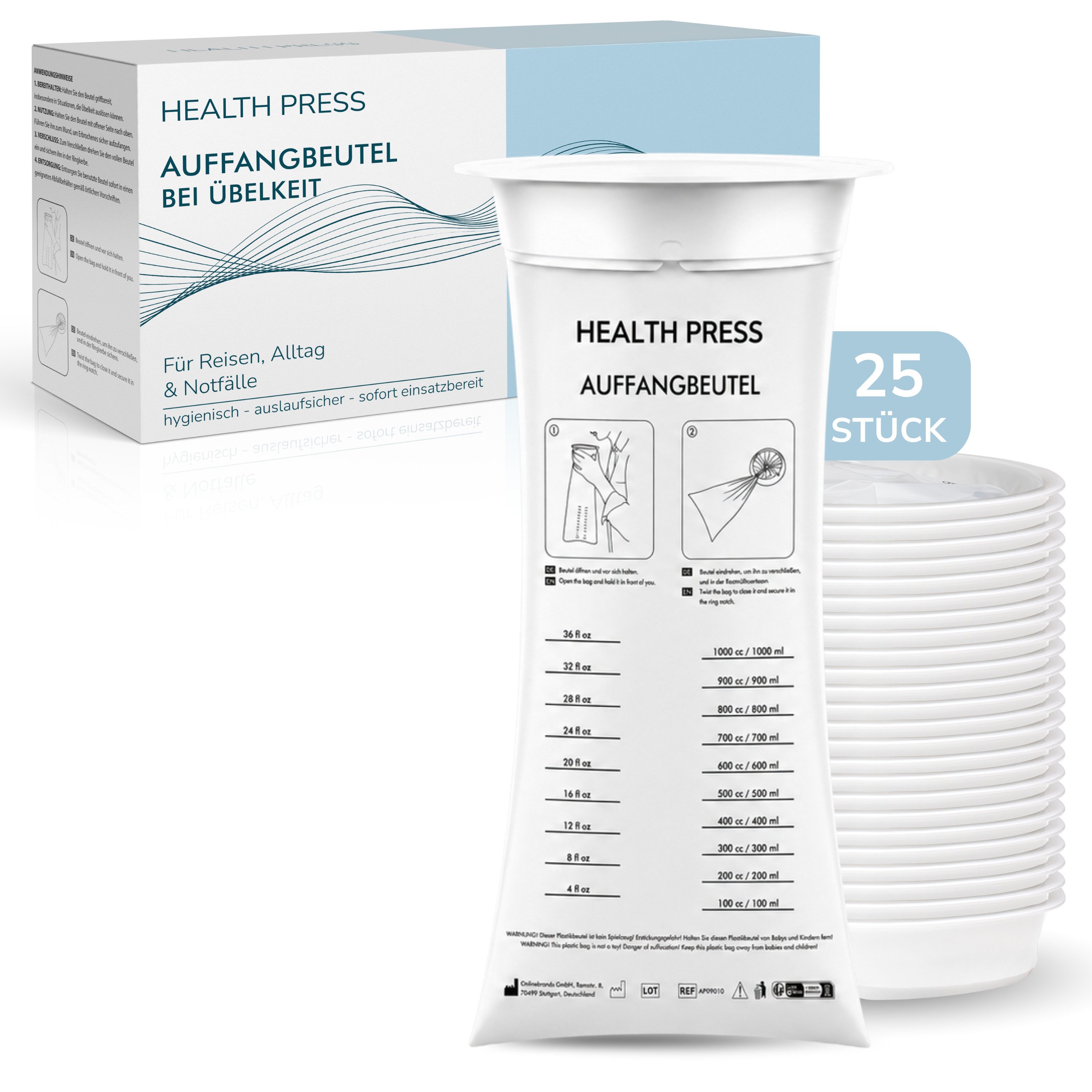 Health Press Spucktuch Auffangbeutel – Brechbeutel 1000 ml, (25-tlg), mit Mundstück