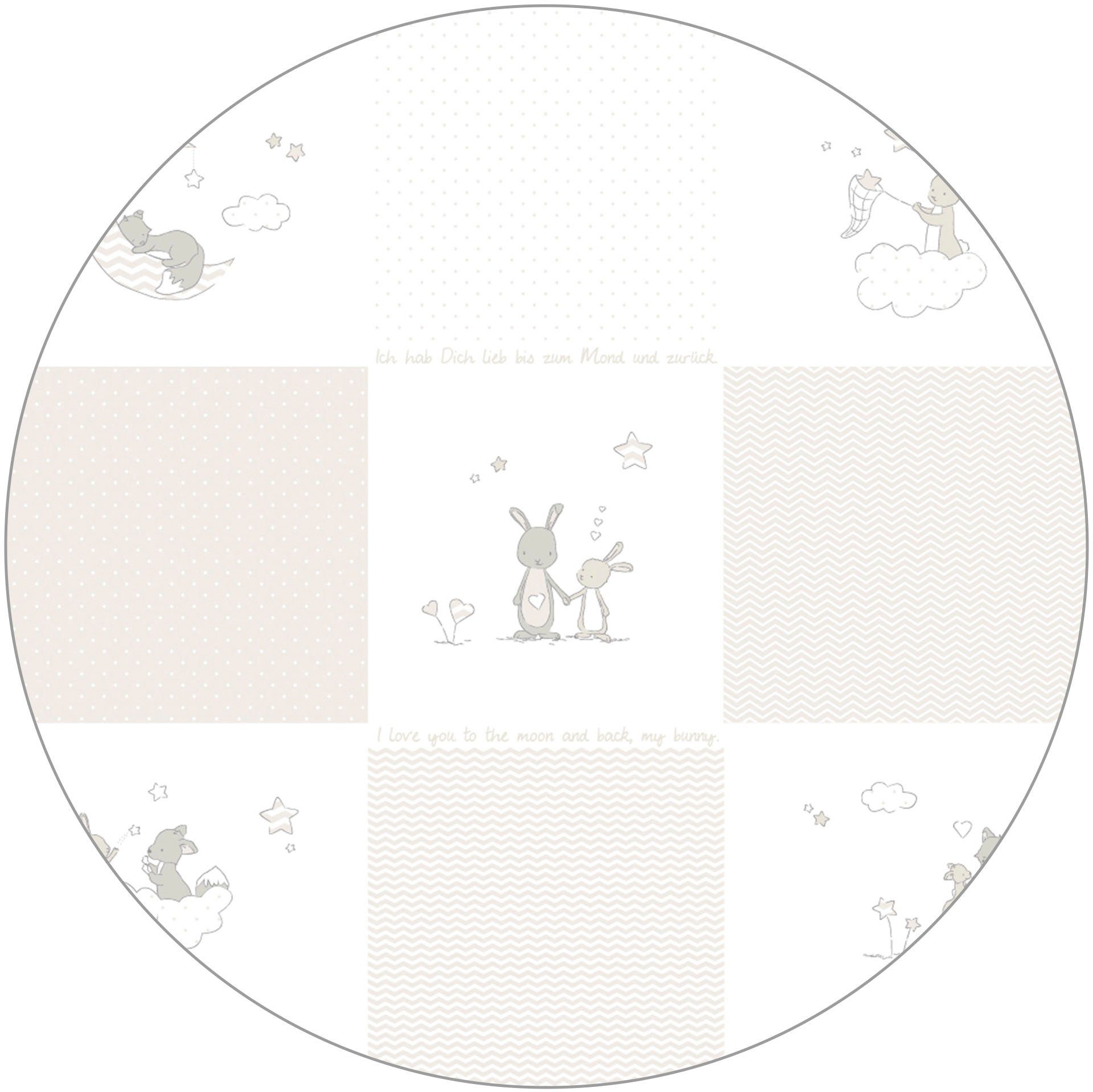 roba® Laufgitter Fox & Bunny, weiß, 75x100 cm, mit Stoffeinlage; Rollen, höhenverstellbar