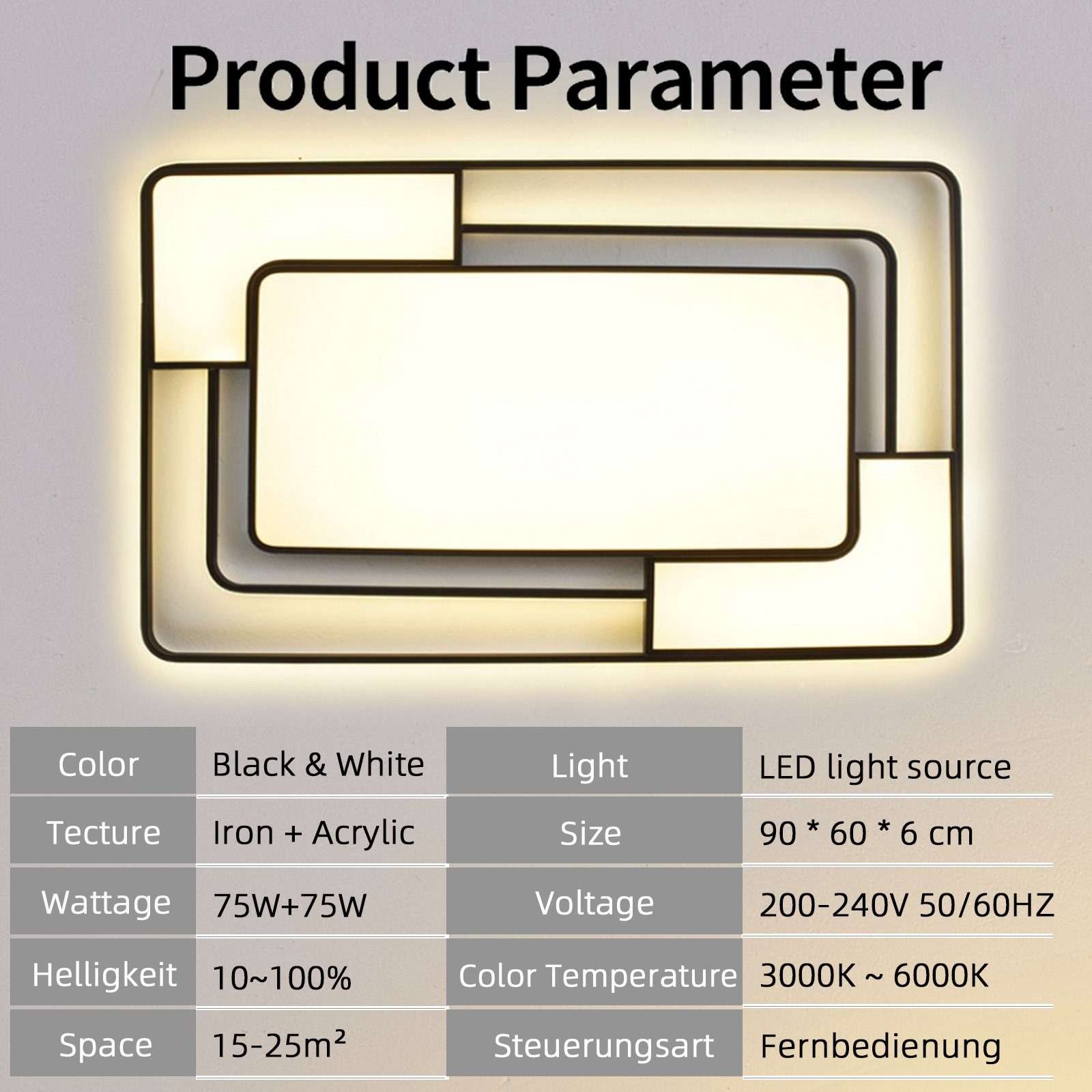 style home LED Deckenleuchte Modern Deckenlampe für Wohnzimmer Schlafzimmer, 150W-Dimmabr 3000-6000K, LED fest integriert, warmweiß bis kaltweiß dimmbar mit Fer – Bild 5 von 5