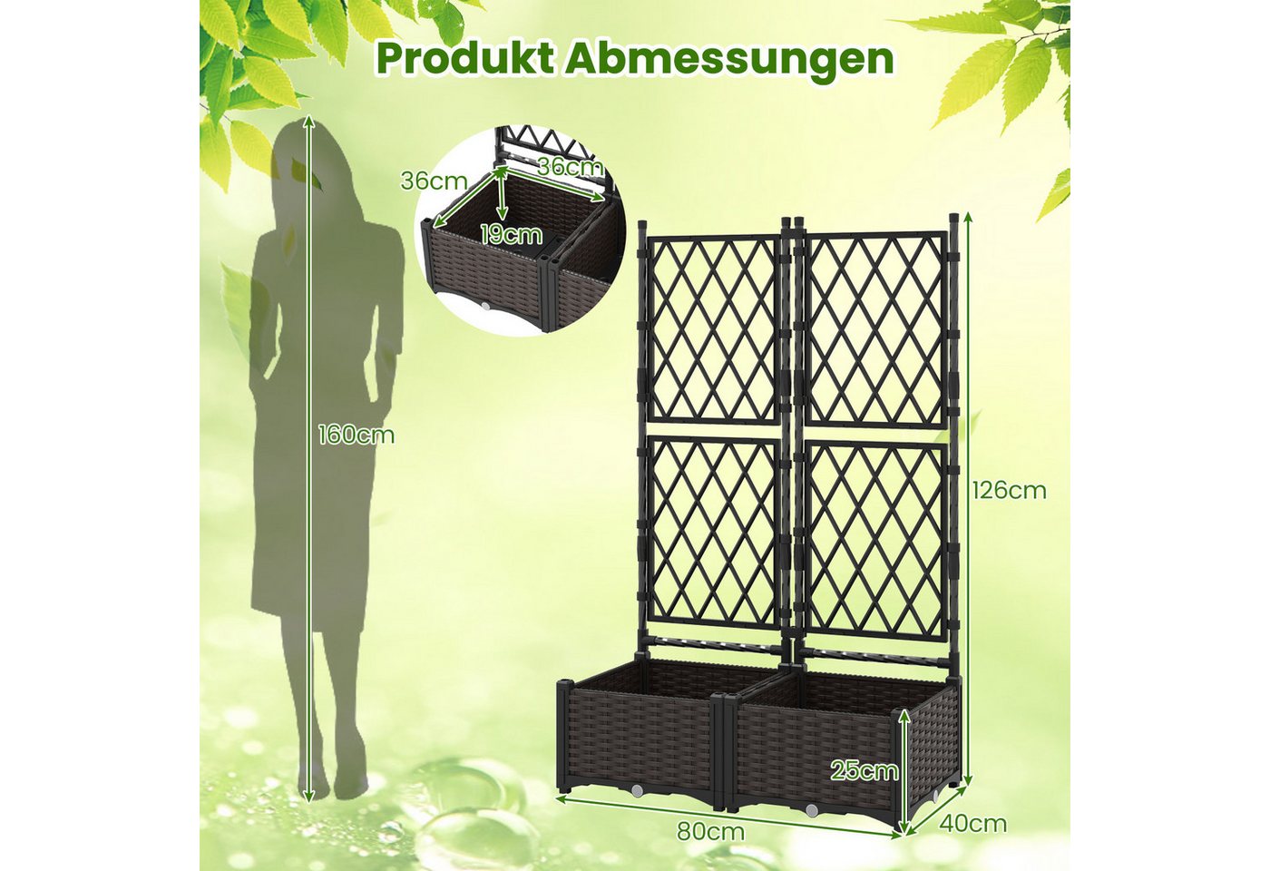 Thumbnail - COSTWAY Blumenkasten, mit Rankgitter, Pflanzkasten, Hochbeet, 80x40x120cm