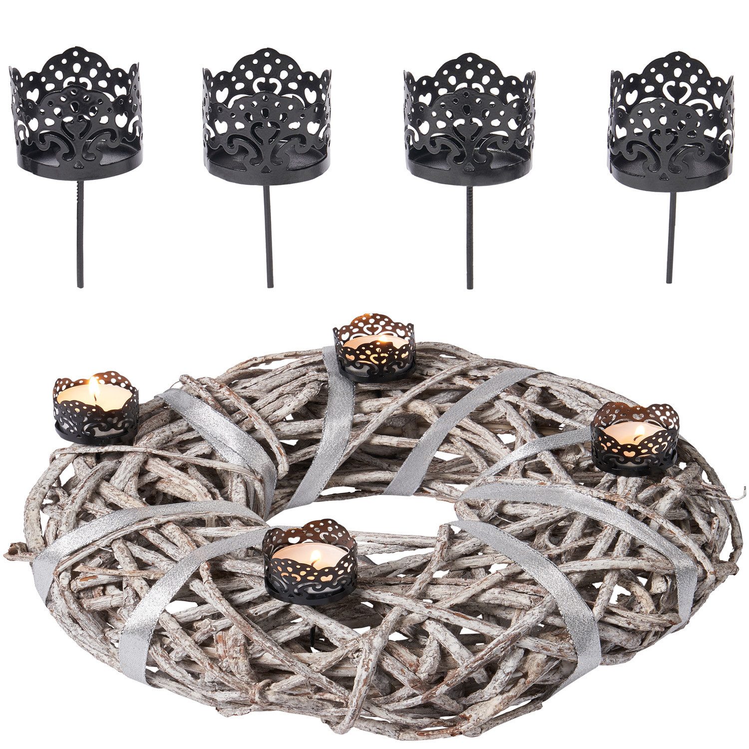 Marrakesch Orient & Mediterran Interior Adventskranz 4er Set Vintage Adventskranzstecker Mulano aus Metall in Schwarz 9 cm, Handarbeit