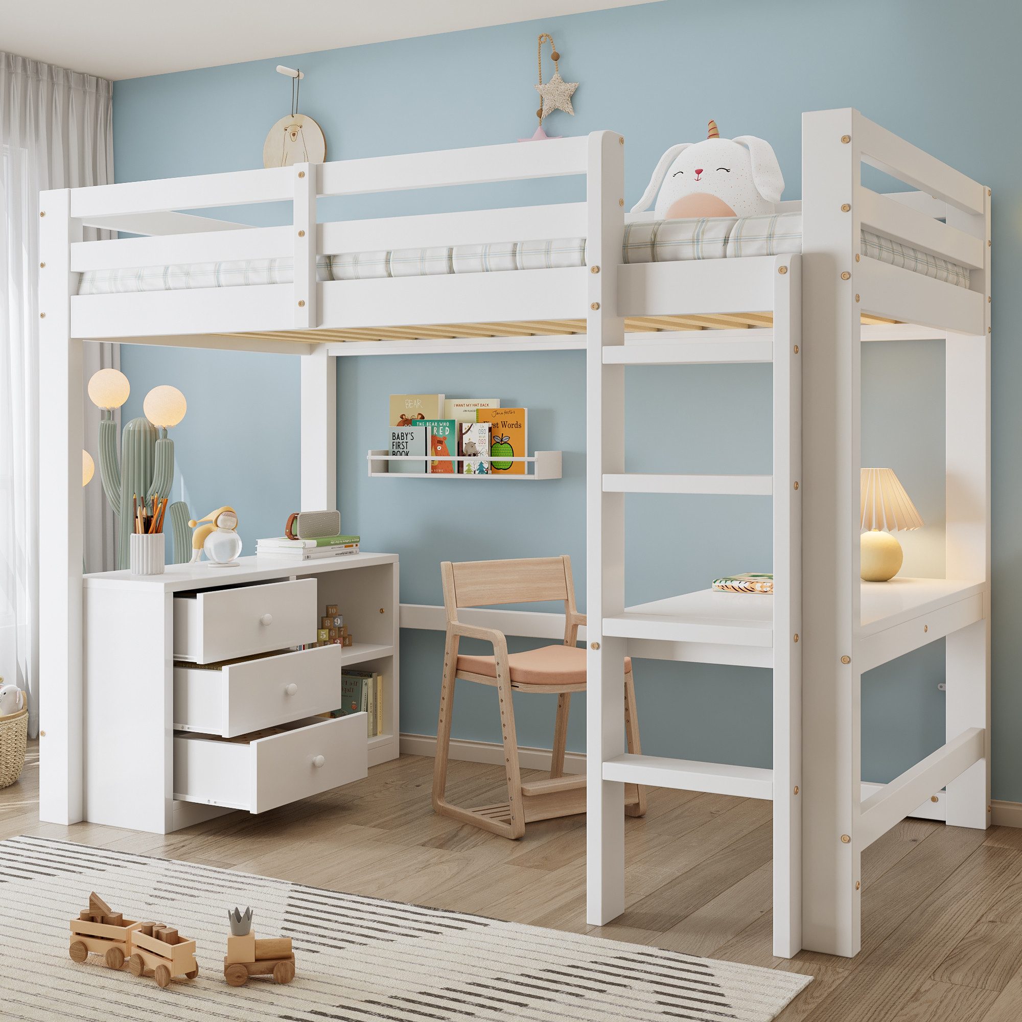 Flieks Hochbett Kinderbett 90x200cm mit Schreibtisch Schrank und vierstufiger Leiter