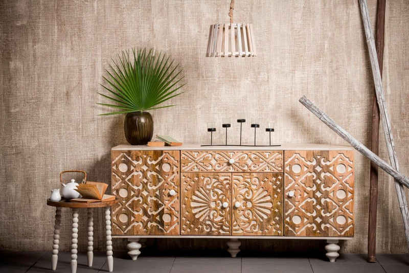 Home affaire Sideboard Spring, aus massivem Mangoholz mit dekorativen Schnitzereien, Breite 160 cm