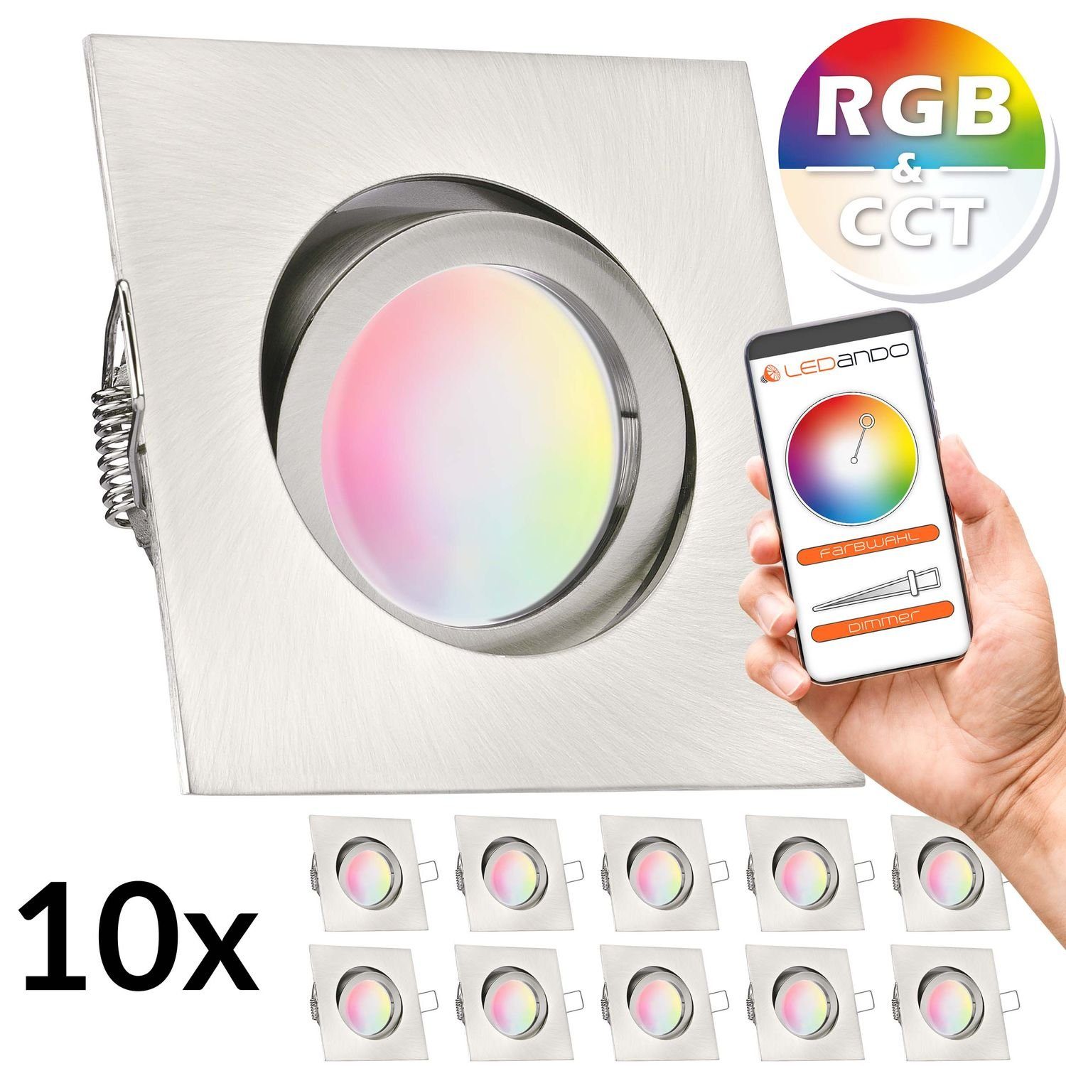 LEDANDO LED Einbaustrahler 10er RGB - CCT LED Einbaustrahler Set extra flach in edelstahl / silbe