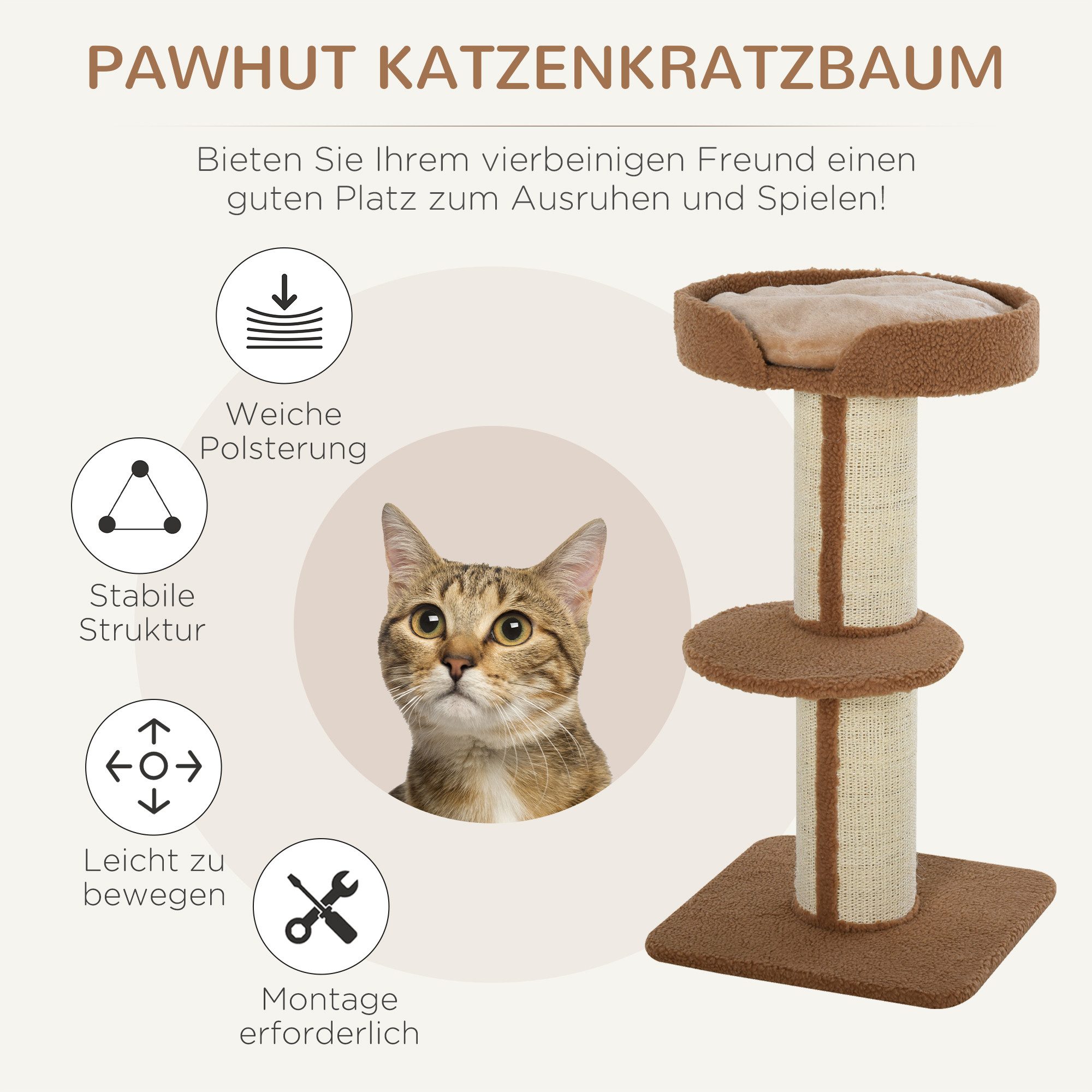 PawHut Kratzbaum Katzenturm mit Sisalstämme, Kissen, Kletterbaum, Sisal Plüsch Hellbraun 45 x 45 x 91 cm – Bild 4 von 5