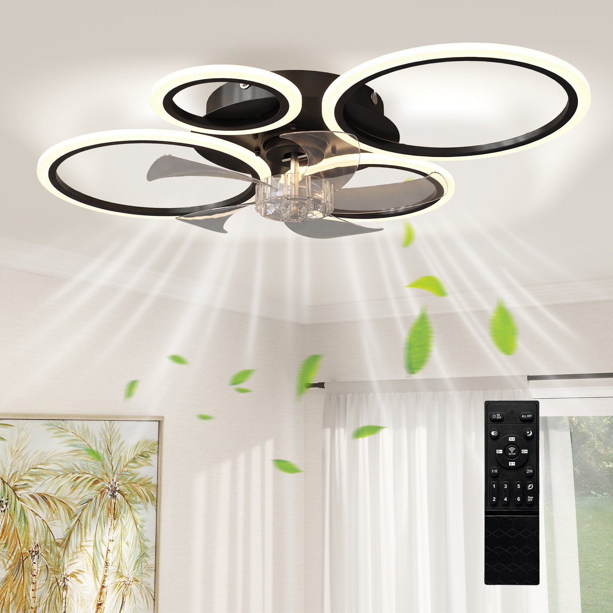 HOMCOM Deckenventilator Deckenleuchte mit Ventilator, Leise, 3 Farbtemperaturen, Schwarz, mit Fernbedienung, 6 Geschwindigkeiten, 3 Farbtemperaturen