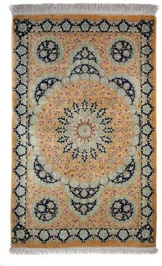 Orientteppich Perser - Ghom - 93 x 59 cm - senfgelb, morgenland, rechteckig, Höhe: 10 mm, Wohnzimmer, Handgeknüpft, Einzelstück mit Zertifikat