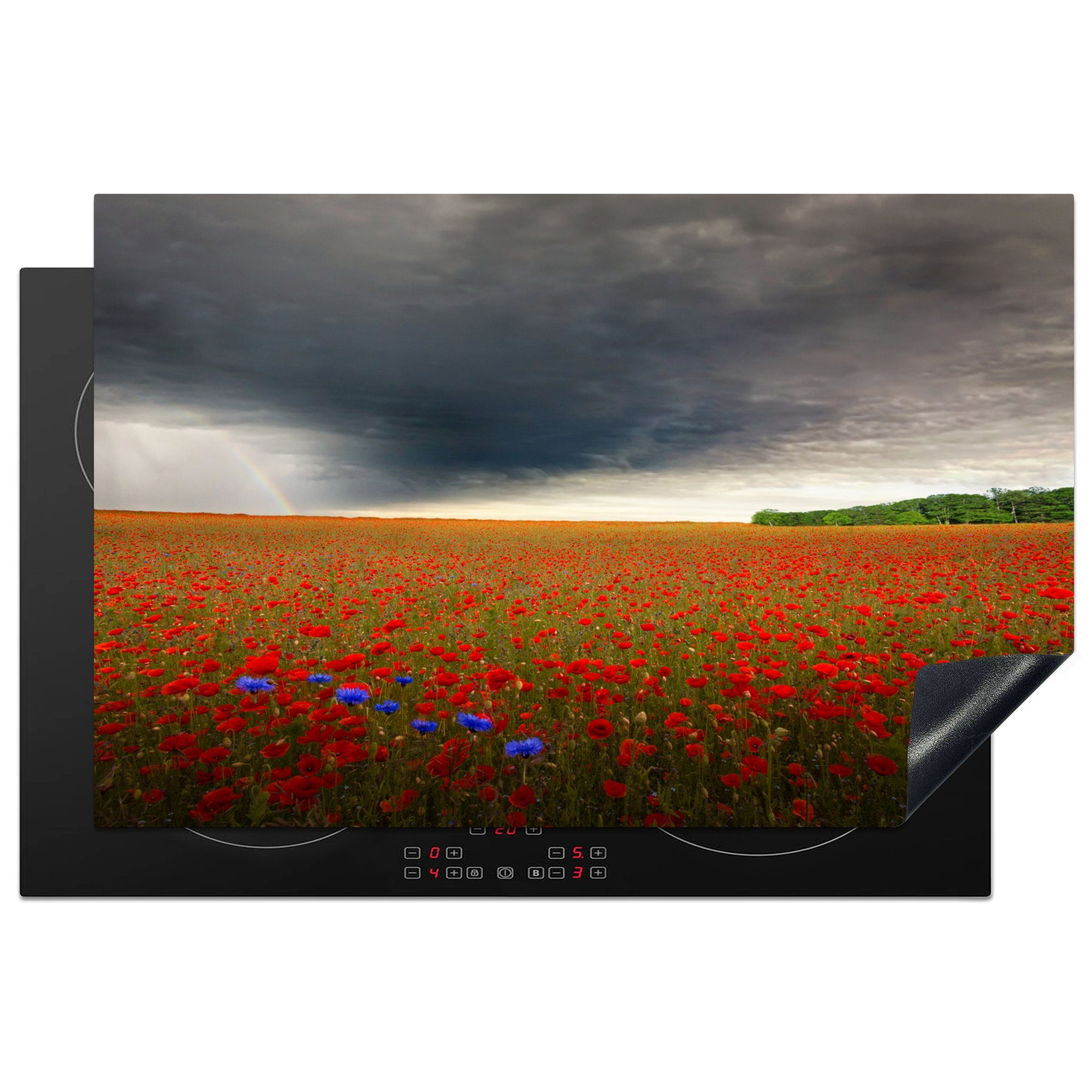 MuchoWow Herdblende-/Abdeckplatte Blumen - Rot - Grau, Vinyl, (1 tlg), 81x52 cm, Induktionskochfeld Schutz für die küche, Ceranfeldabdeckung