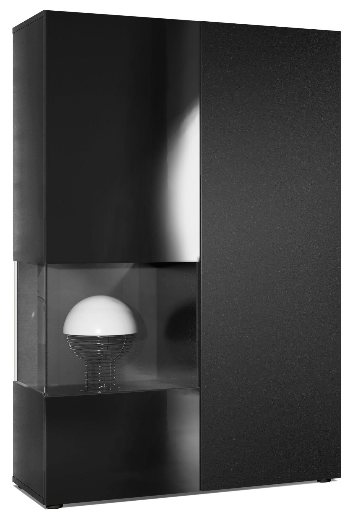 Vladon Standvitrine Morena (Standvitrine, mit 2 Türen dahinter ingesamt 7 Fächer) Schwarz matt/Schwarz Hochglanz (92 x 135 x 37 cm)