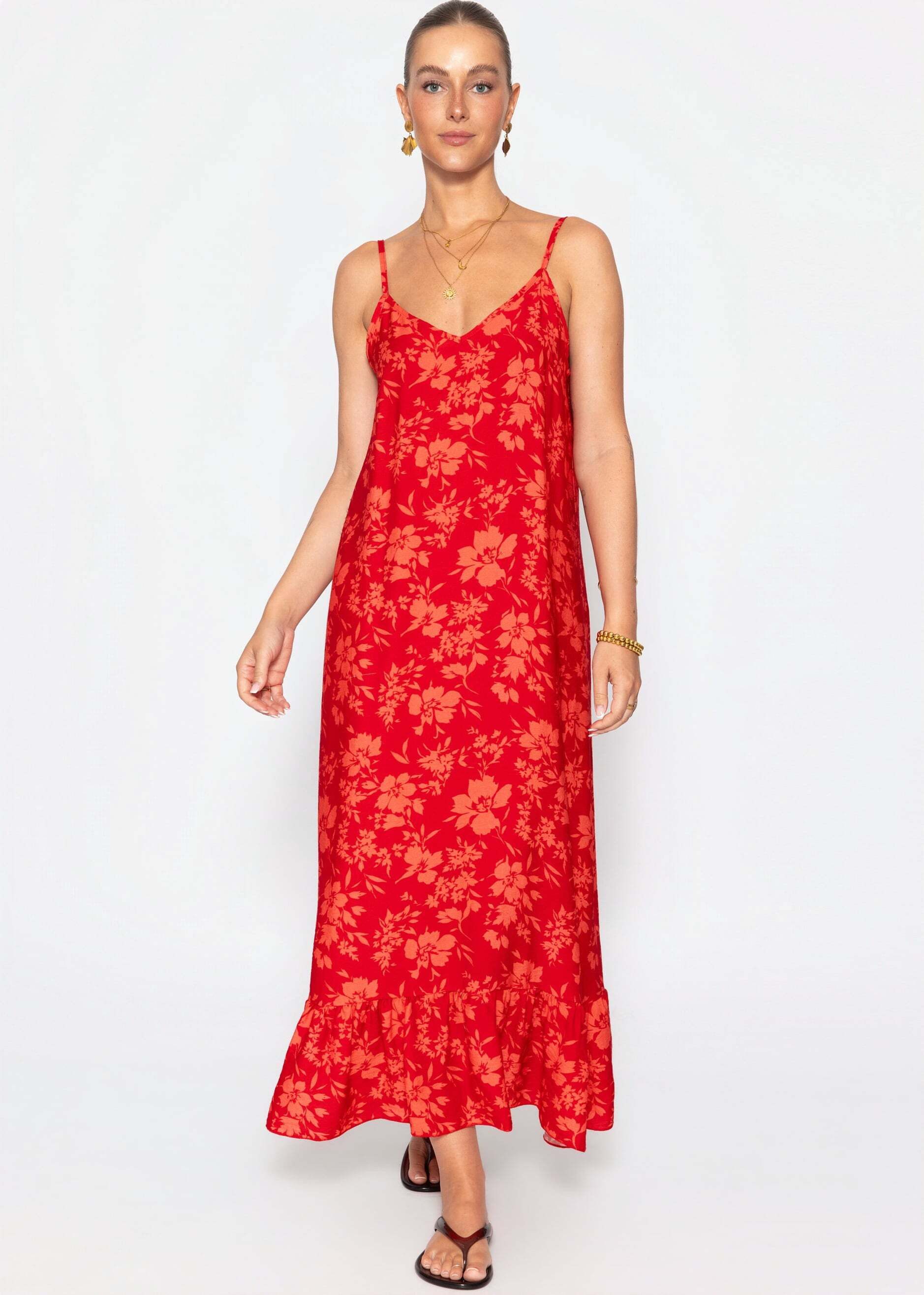 SASSYCLASSY Maxikleid Maxikleid mit Blumenmuster für Damen Luftiges Trägerkleid mit Volantabschluss und V-Ausschnitt – Bild 4 von 5