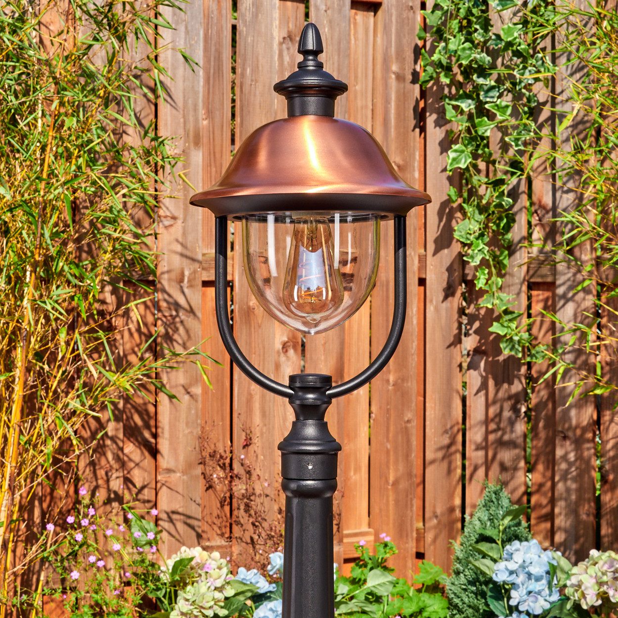 hofstein Pollerleuchte Außenwegeleuchte aus Metall/Kunststoff in Schwarz/Kupferfarben/Klar, ohne Leuchtmittel, Wegelampe im Vintage/Antik/Landhaus-Design, 120 cm, E27, IP44