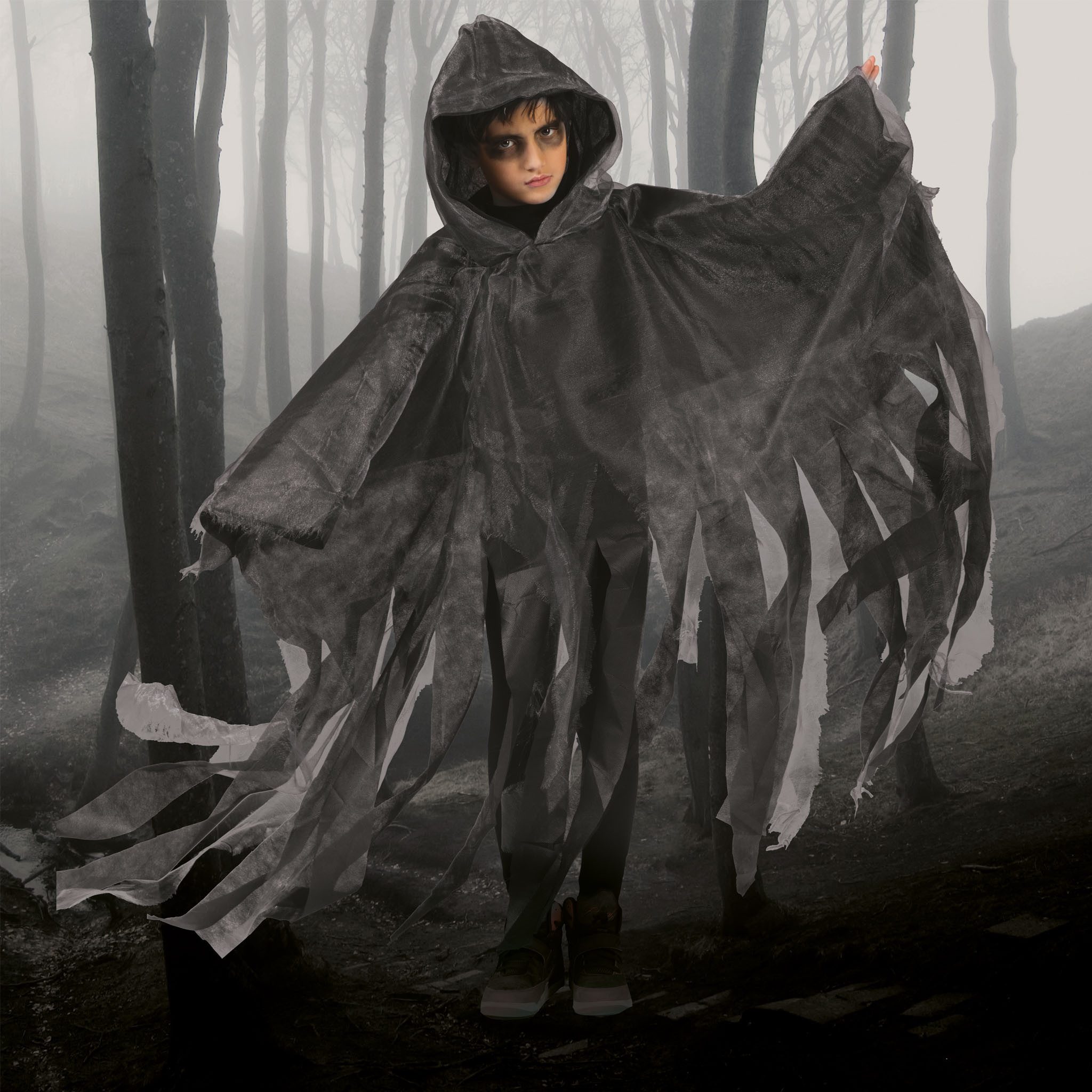 Funny Fashion Hexen-Kostüm Halloween Umhang mit Kapuze für Kinder, Grau