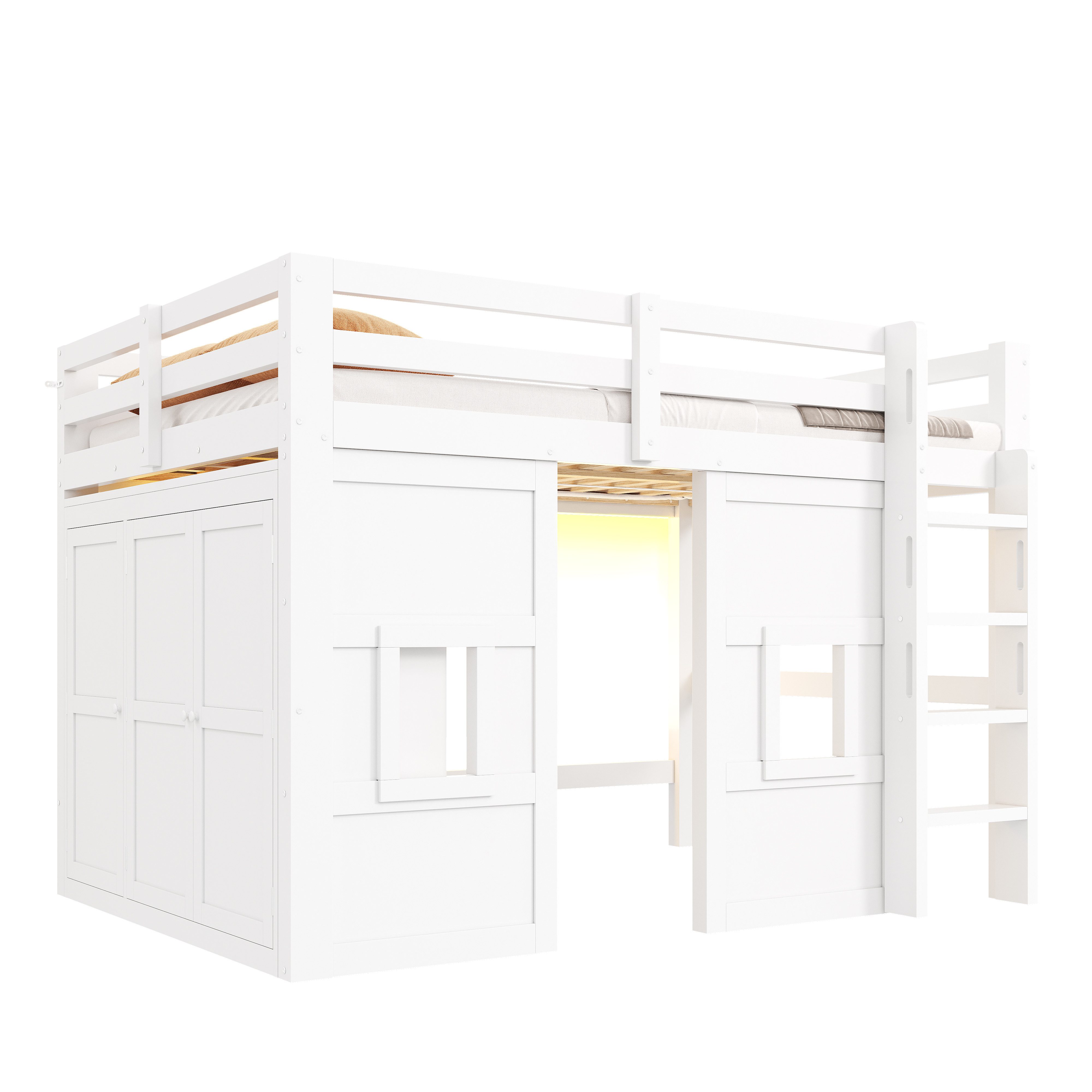 OKWISH Hochbett mit integriertem Kleiderschrank (LED-Beleuchtung und Fenstern, 1-St., 204.4 x 145 x 148)