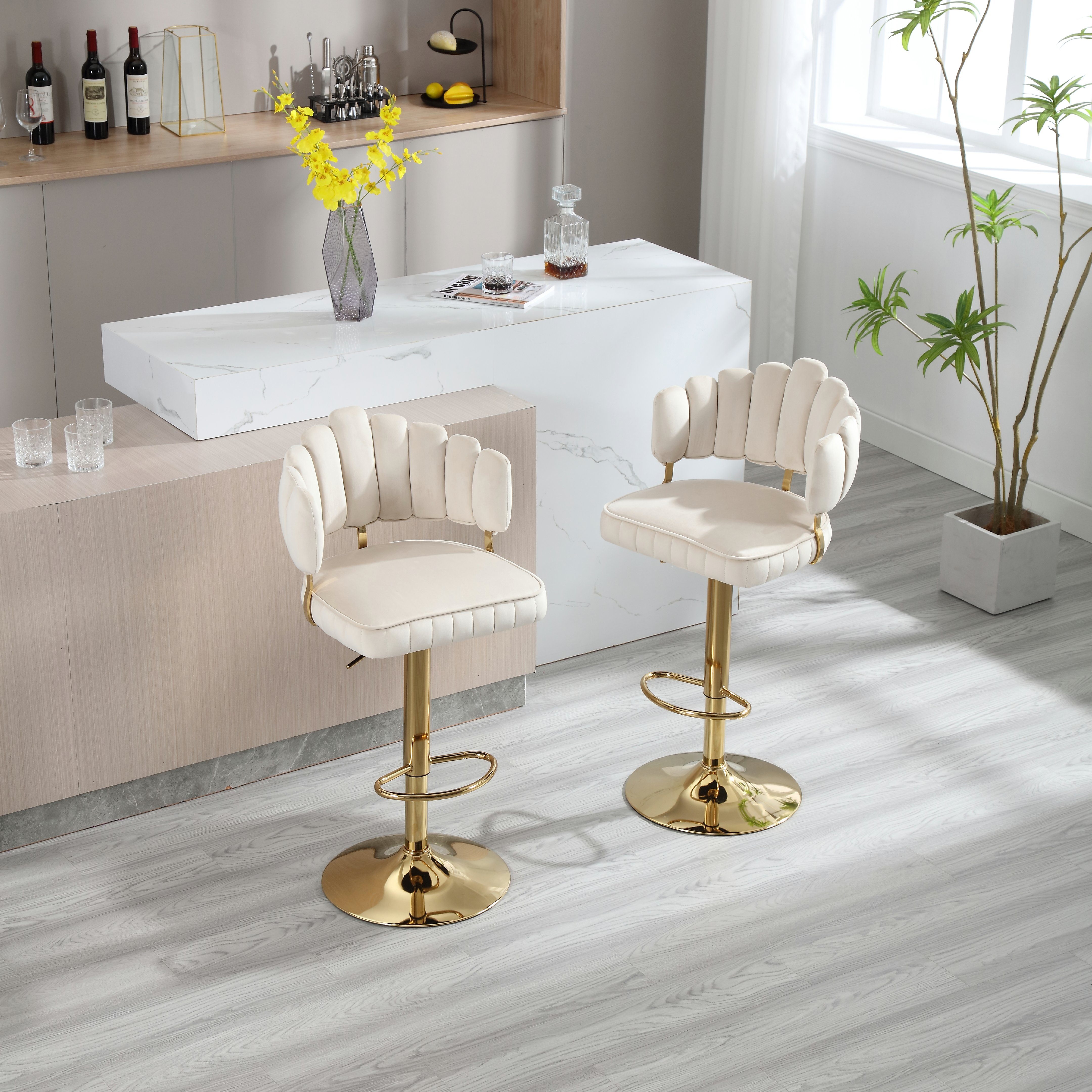 (Barstühle Esszimmer) 2 Fußstütze Küche und WISHDOR mit für Barhocker beige mit Barhocker-Set Drehhocker, Tresenstühlen verstellbaren Drehbare