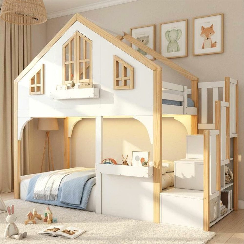 Flieks Etagenbett, Hochbett Kinderbett Hausbett 90x200cm mit LED-Leiste & Stauraumtreppe