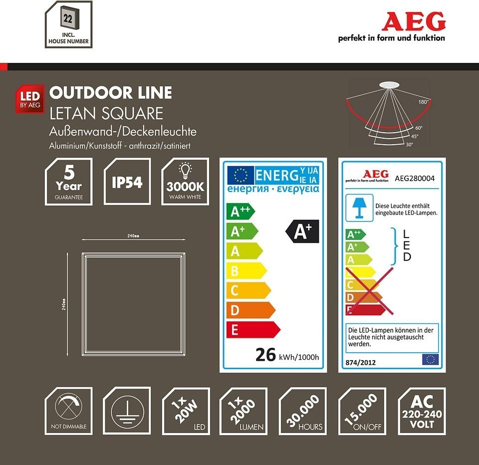AEG LED Außen-Wandleuchte LETAN, LED fest integriert, 24 x 24 cm,  Haustürbeleuchtung, Aluminium/Kunststoff, anthrazit/weiß
