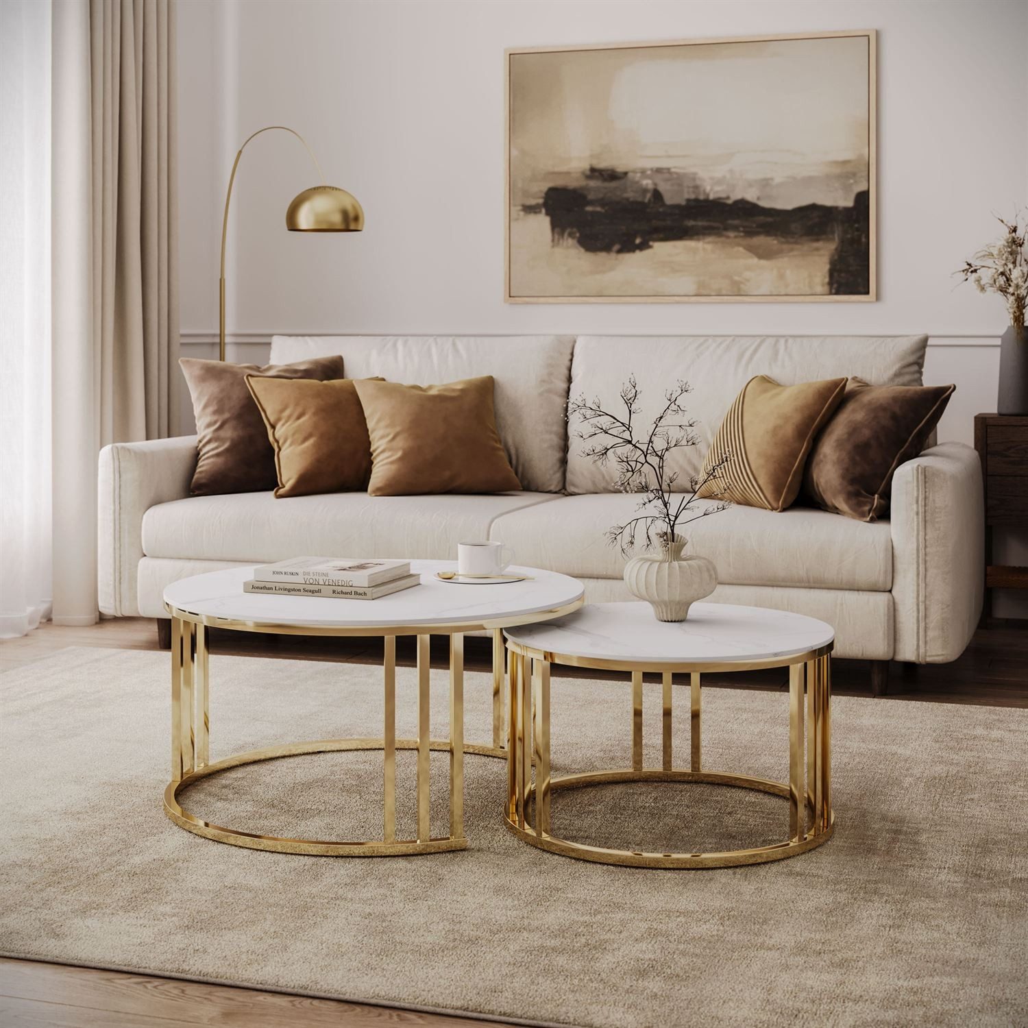 ALLHOUSE24 Couchtisch LINE 2 in 1 mit goldenem Metallgestell und Marmorplatte Sofatisch (2er-Set), Durchmesser: 80 cm/60 cm – Bild 2 von 5