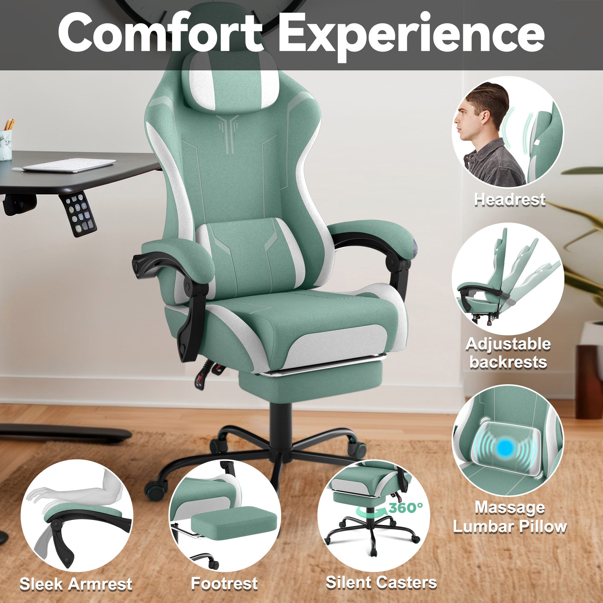 FIVMEN Gaming-Stuhl Racing Ergonomischer Computer-Bürostuhl mit Massage-Lendenkissen, Ausziehbarer Fußstütze Lordosenstütze Kopfstütze, höhenverstellbarer – Bild 5 von 5