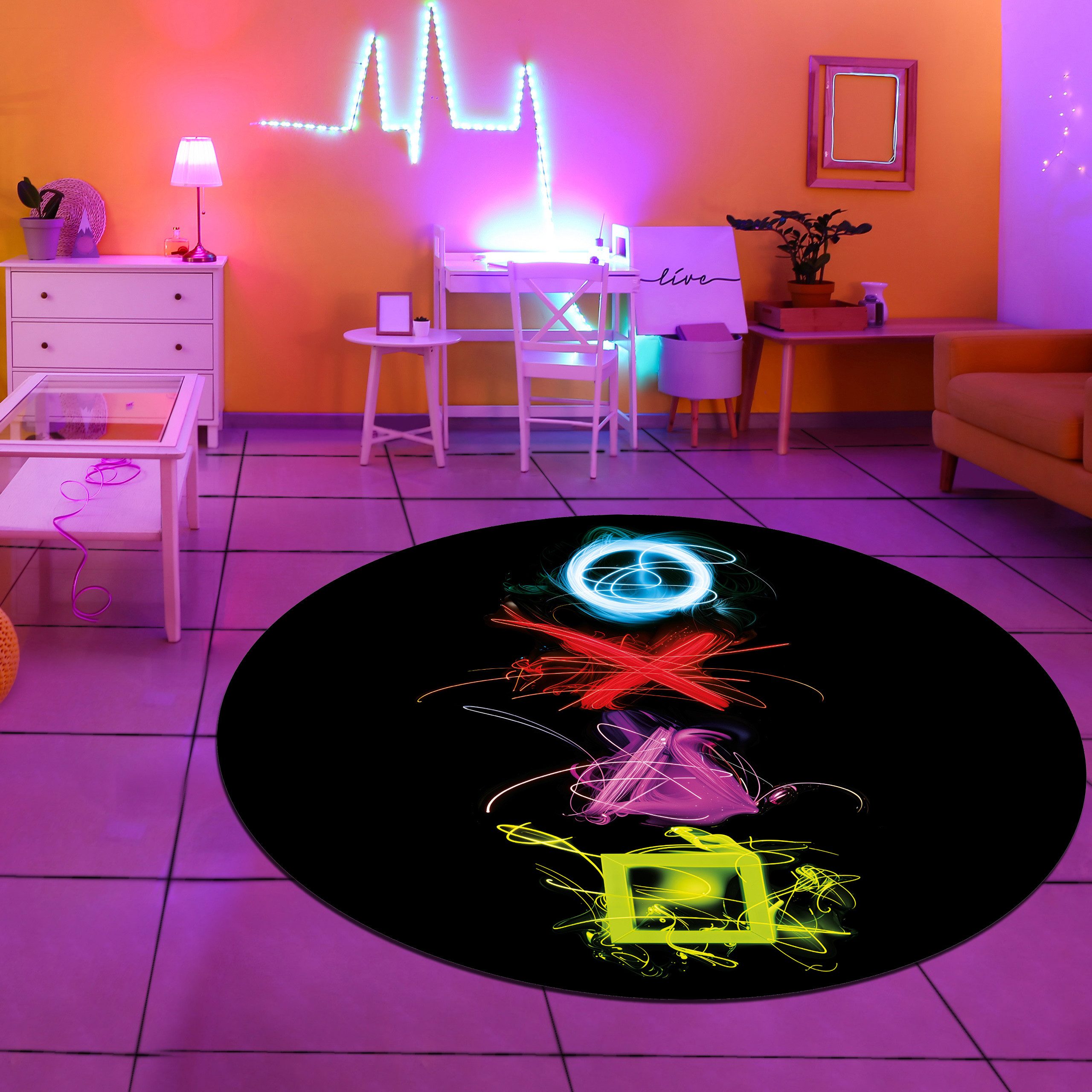 TeppichHome24 Teppich Gaming Teppich mit neonfarbigen Symbolen, rechteckig, günstig online kaufen