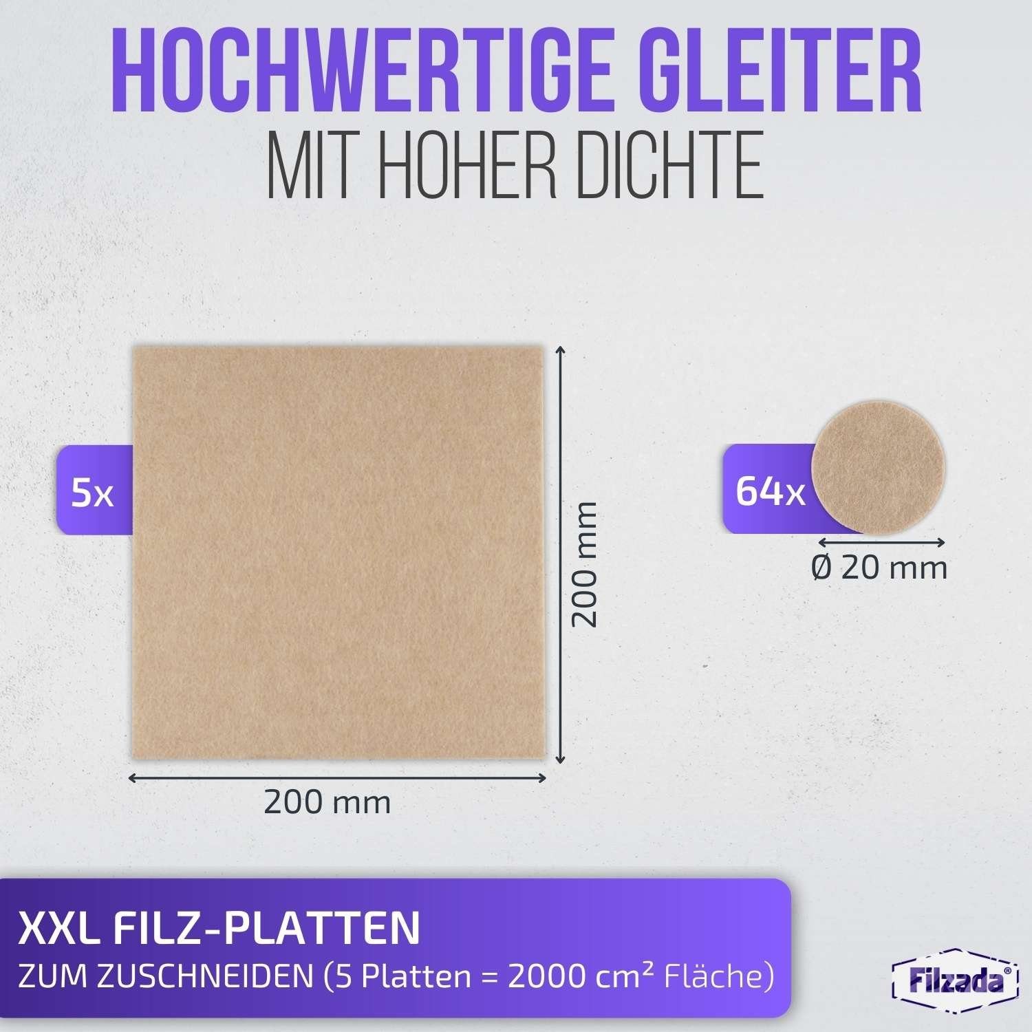 Filzada Filzgleiter Filzgleiter Selbstklebend Platten 200x200mm Ø20mm & Möbelgleiter Beige Set