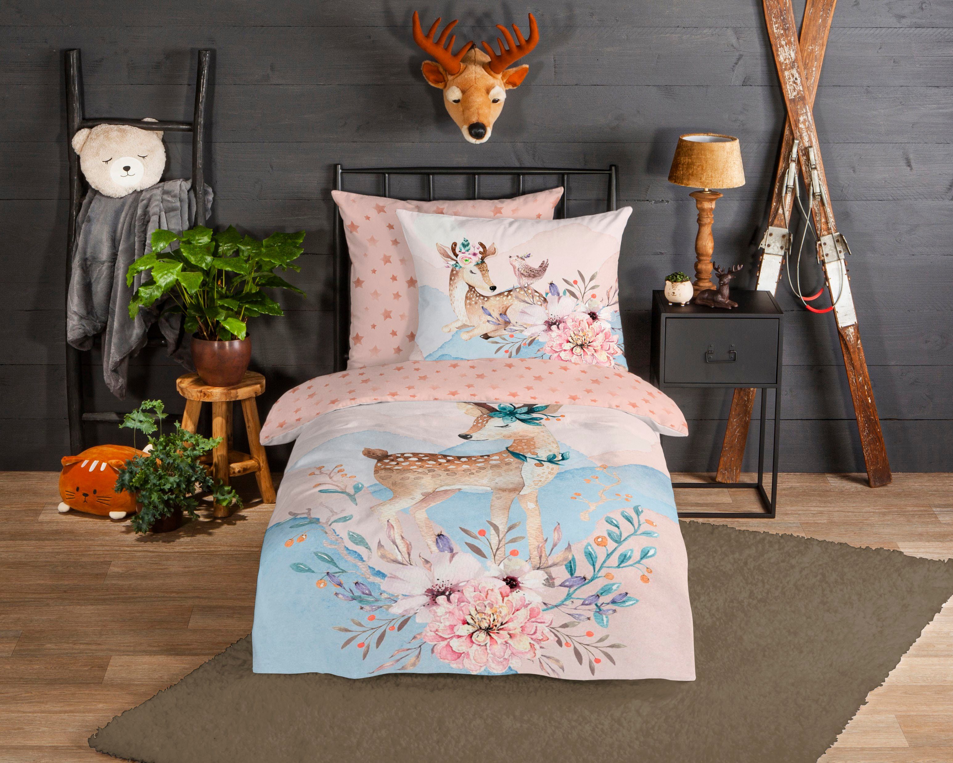good morning Kinderbettwäsche Josy, Biber, Flanell, 2 teilig, Biber, 135x200, Warm, Reißverschluss, Wendeoptik, Mädchen Kind, Hirsch