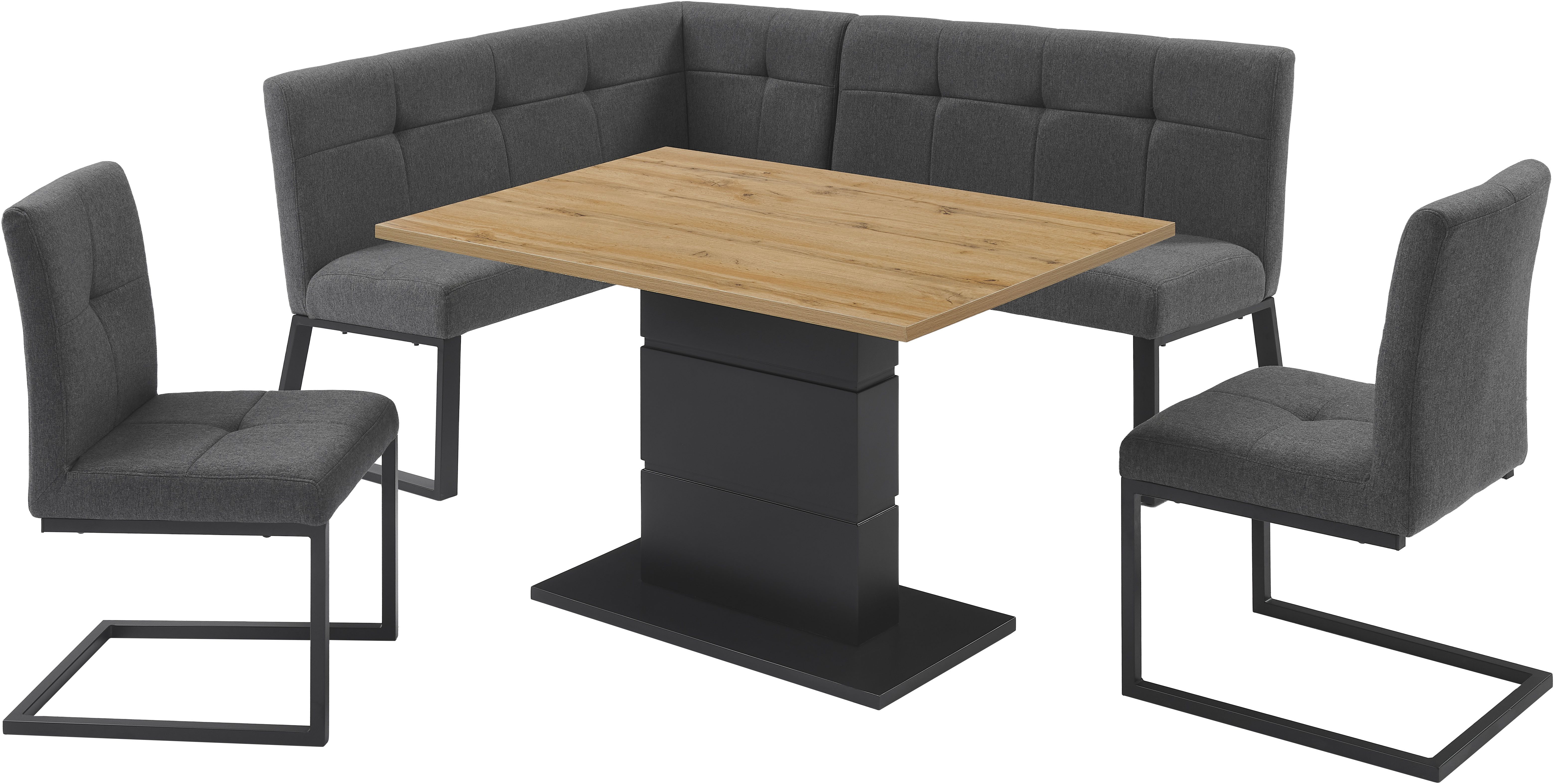 OTTO home Eckbankgruppe Geranie, Sitzgruppe, Eckbank links und rechts montierbar, (Set, 4-tlg., Gruppe bestehend aus Eckbank, Esstisch 120 cm, zwei Freischwinger), Eckbank wahlweise links und rechts montierbar