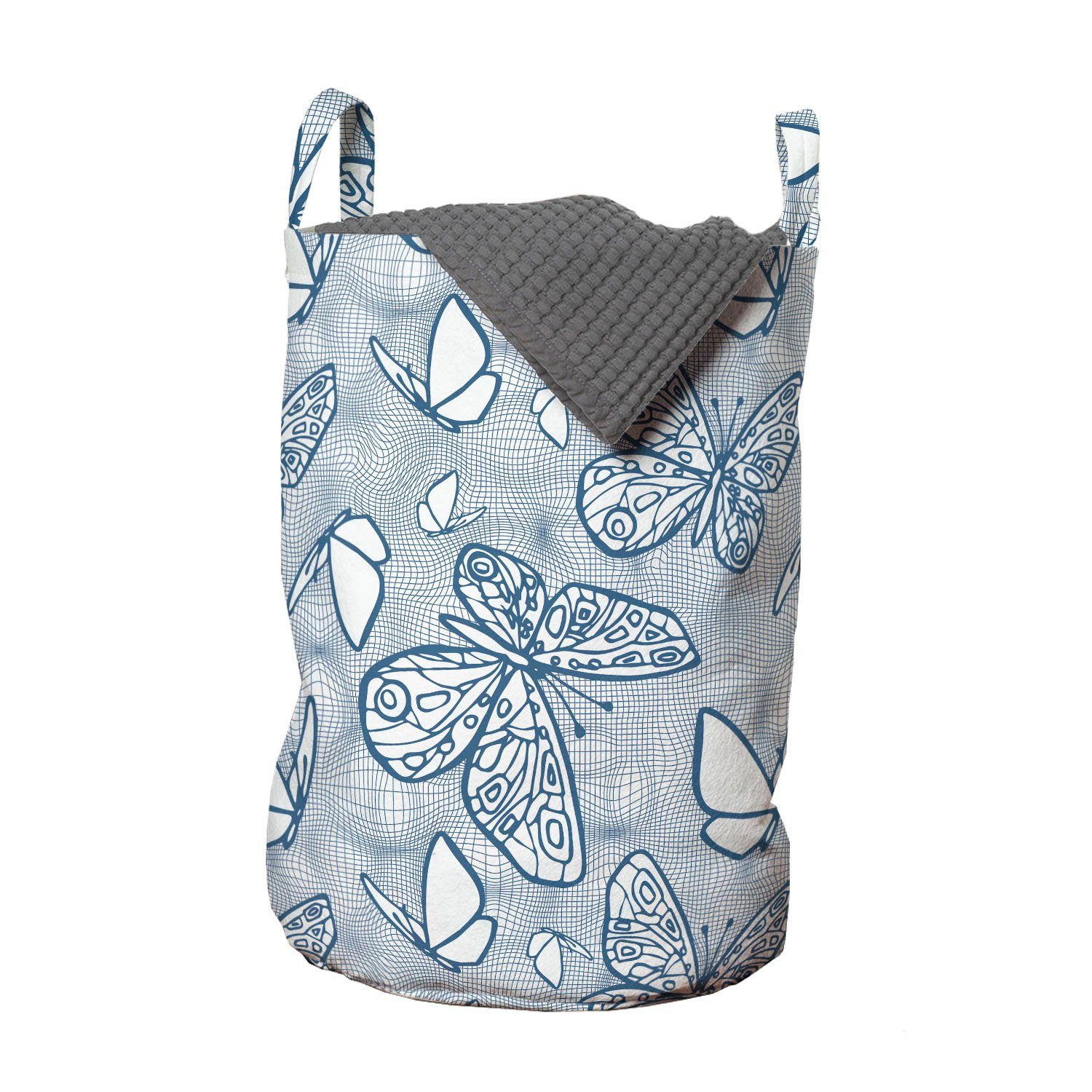Abakuhaus Wäschesäckchen Wäschekorb mit Griffen Kordelzugverschluss für Waschsalons, Blau und weiß Doodle Schmetterlinge