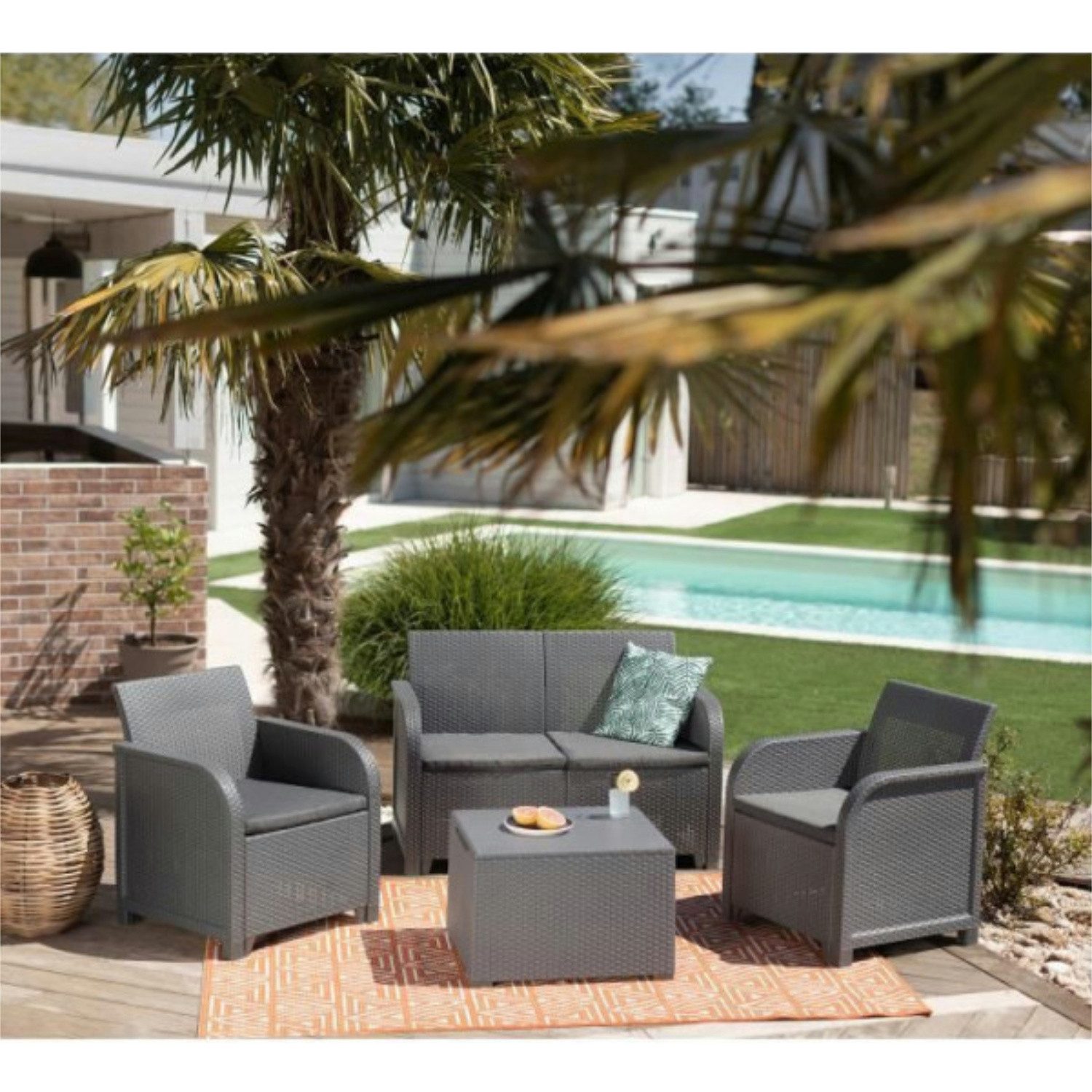 Keter Gartenlounge-Set Balkon und Garten San-Remo mit Tisch 2-Sitzer-Sofa, 2 Sessel, 1Tisch, 2-er Sofa, 2 Gartensessel, Tisch, Polsterauflangen, Montageanleitung