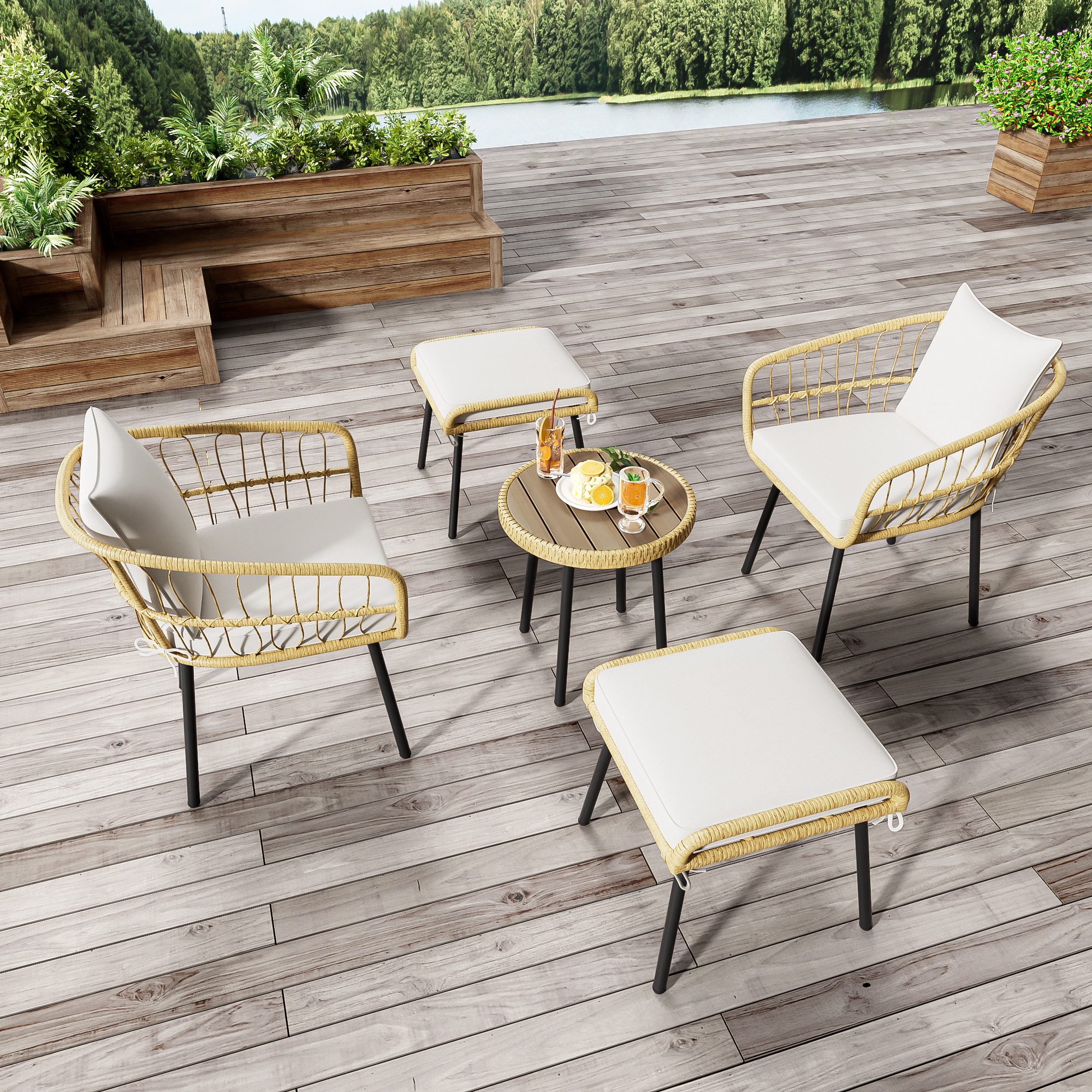 MC Star Gartenlounge-Set 5-teiliges Garten-Lounge-Set, bestehend aus 1 Esstisch, (2 Stühlen, 2 Hockern, Möbeln, Rattan, Natur)