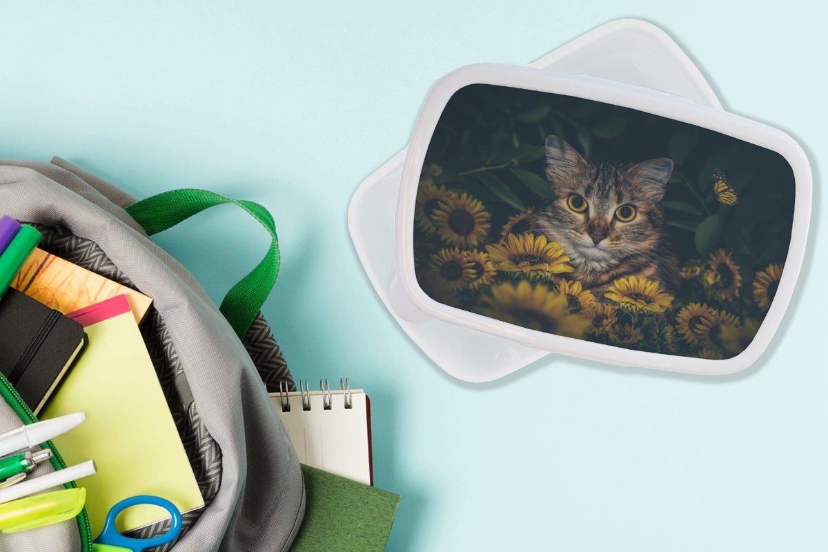 und Katze Blumen Gelb (2-tlg), Lunchbox - und Kinder Erwachsene, Mädchen Jungs MuchoWow - Brotbox - weiß Brotdose, Kunststoff, für für Botanisch,