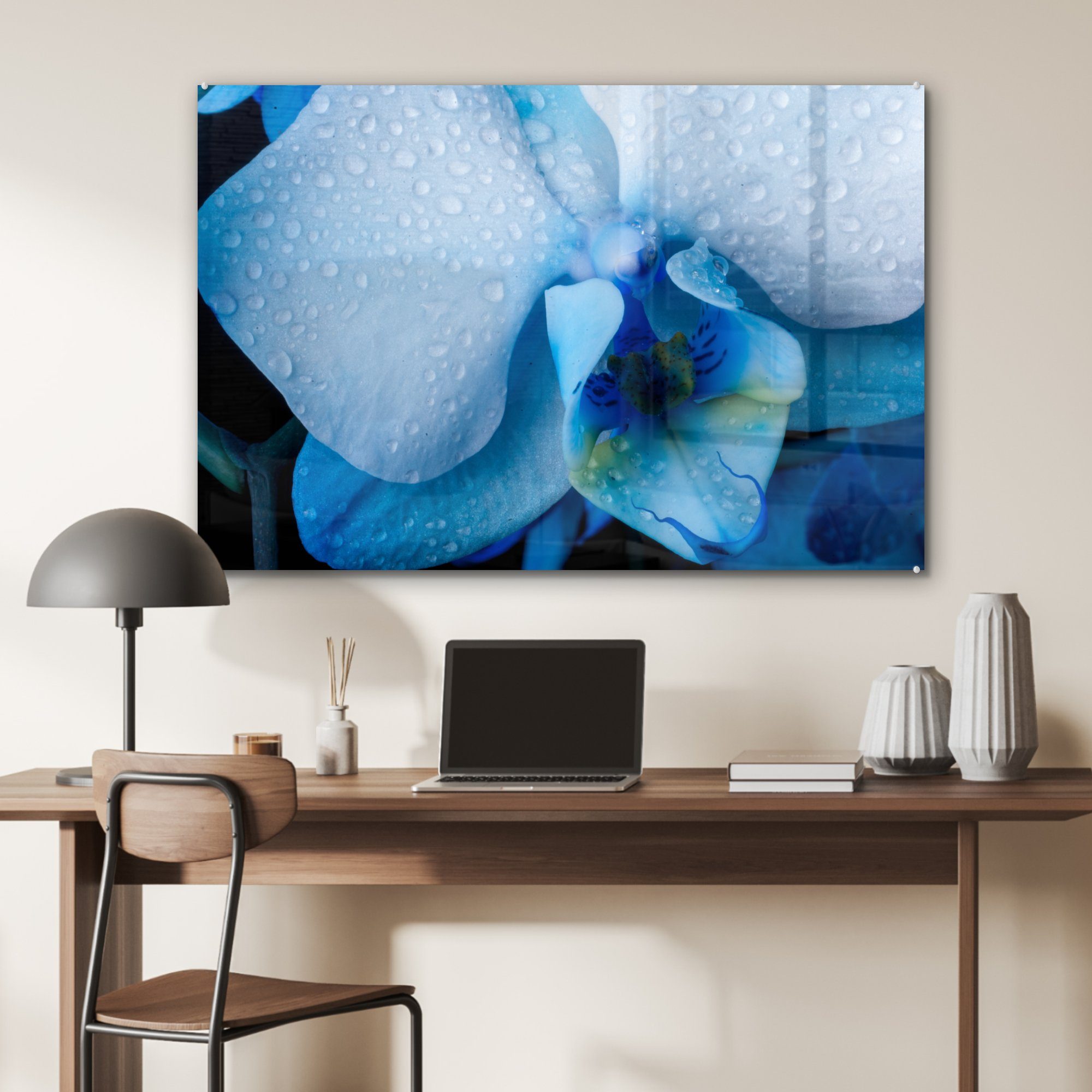 MuchoWow Blättern, Schlafzimmer (1 Acrylglasbild Wohnzimmer einer & blauen Nahaufnahme Acrylglasbilder Orchidee St), hellen mit