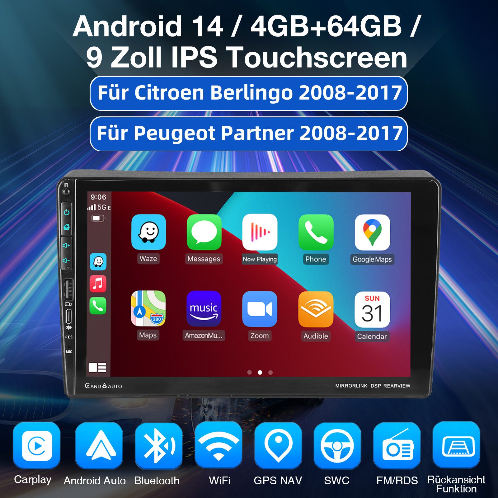 ESSGOO DAB+ Android 14 Autoradio Für Citroen Berlingo Peugeot Partner Type-C Autoradio (DAB (optional), DAB+ (optional), 4+64GB(optional), RDS, AM, FM, Carplay Android Auto Bluetooth EQ USB GPS Navi WIFI Touchscreen)