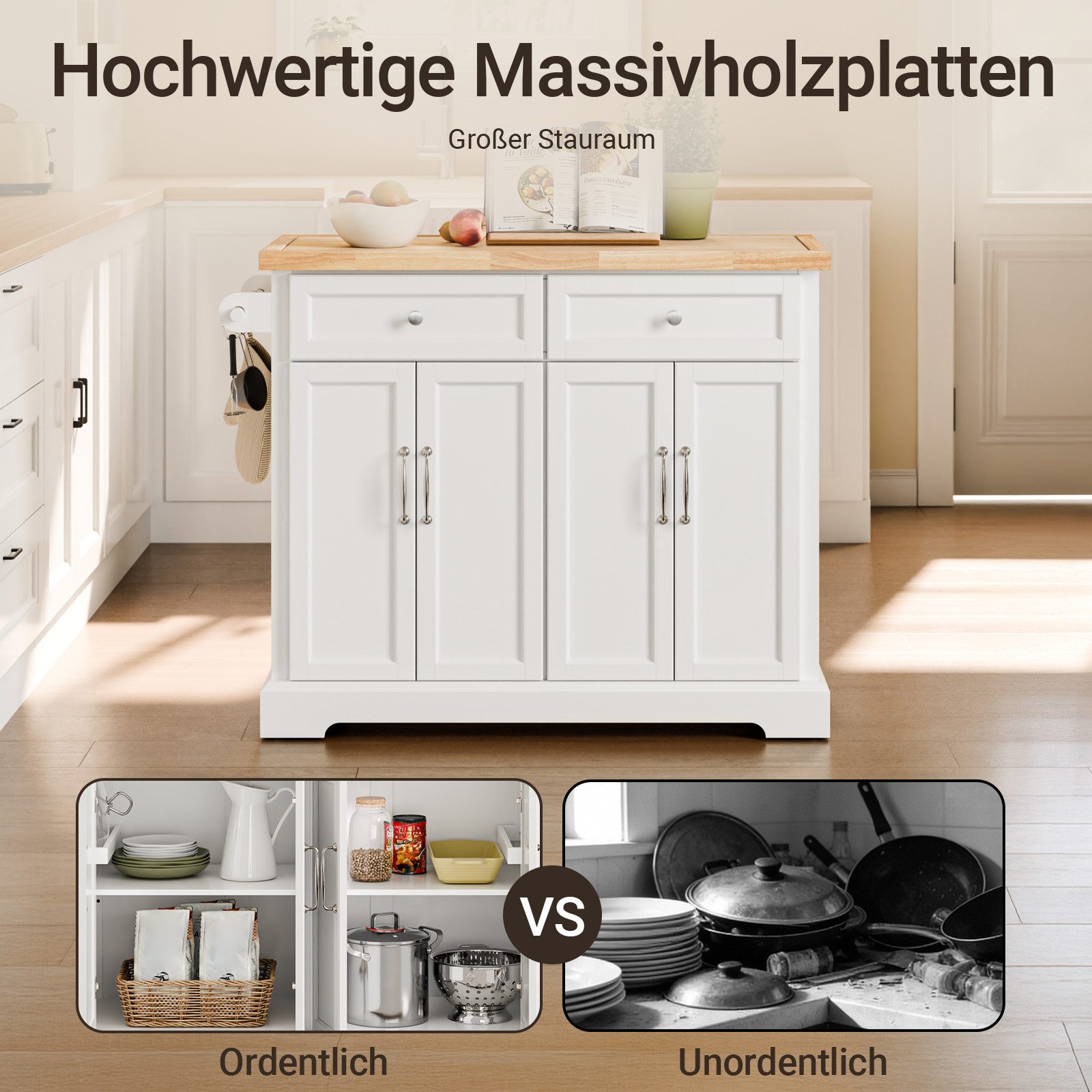 SoBuy Küchenwagen Servierwagen mit Rollen, Rollwagen, Barwagen, Küche, Esszimmer, Küchenschrank Kücheninsel mit erweiterbarer Arbeitsplatte, mit 2 Türen