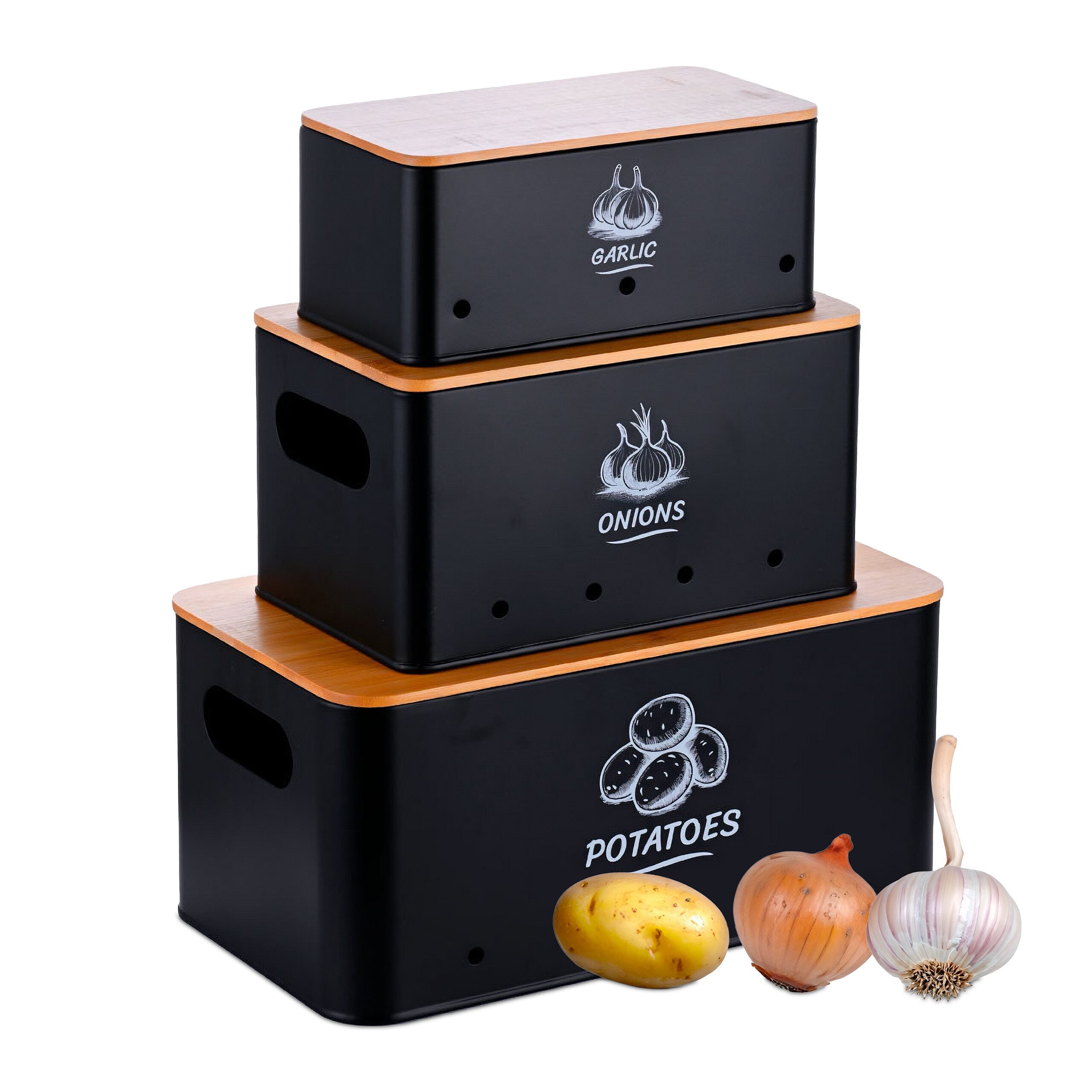 relaxdays Vorratsdose Aufbewahrungsbox 3er Set Bambusdeckel, Stahl, (3-tlg), schwarz