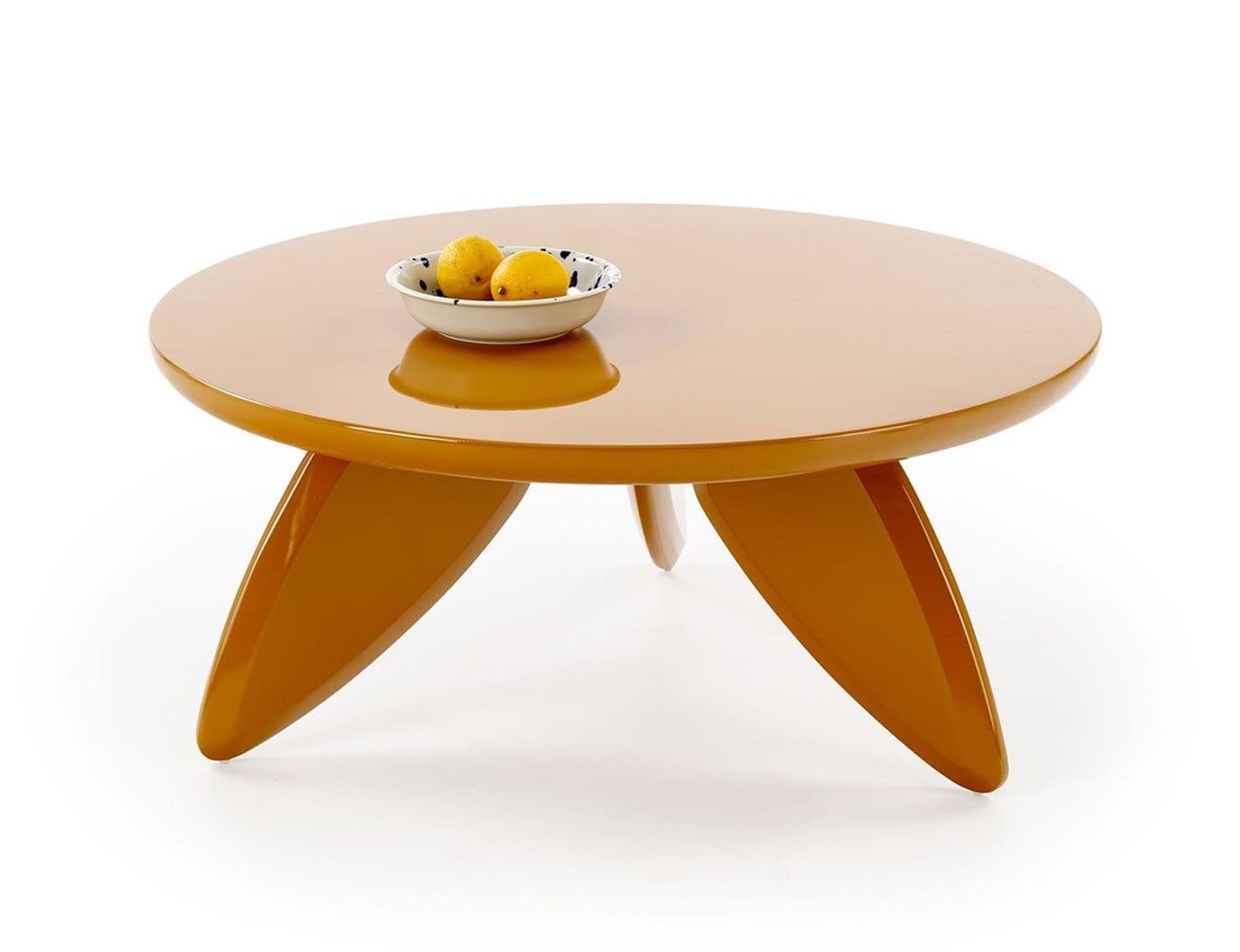 Feldmann-Wohnen Couchtisch Soraya (runde Tischplatte, 1-St., moderne Optik, 3-beinig, Hochglanz), Senfgelb Hochglanz, 80x80x36cm