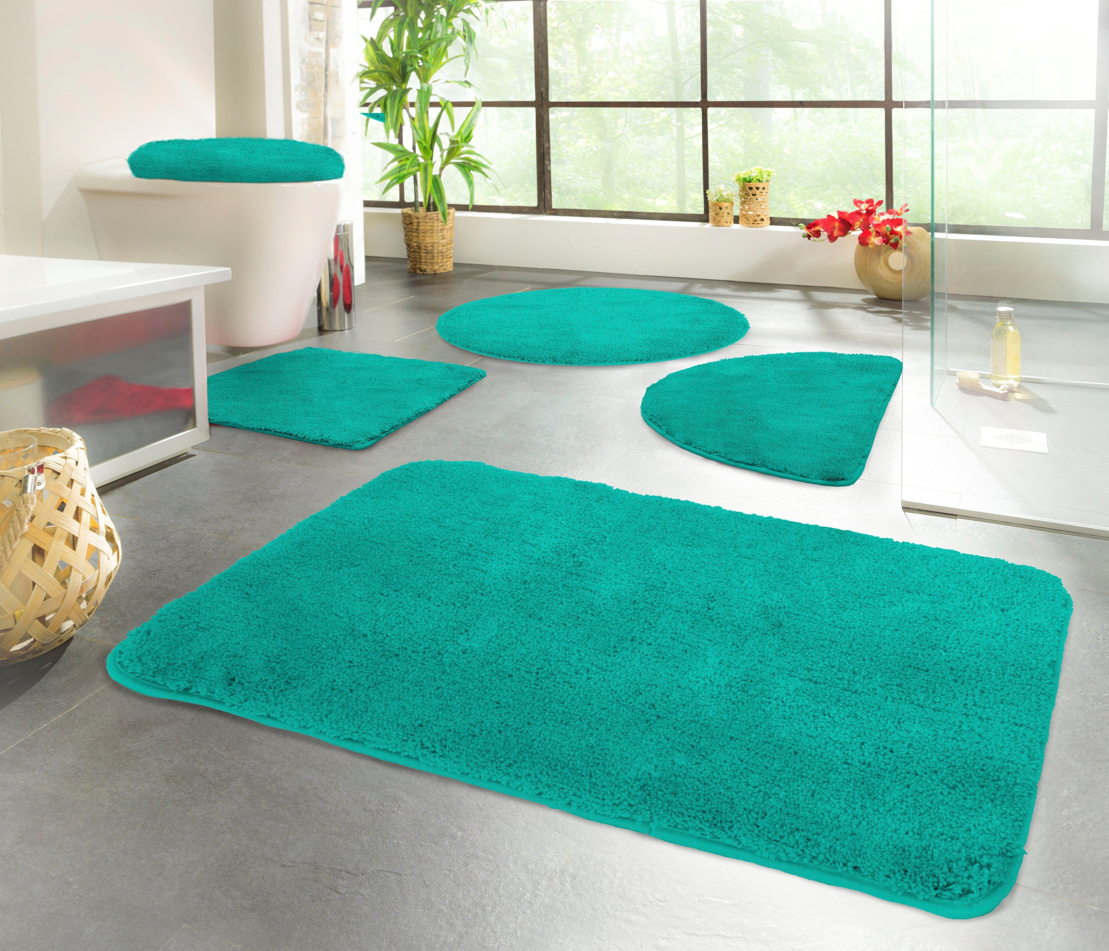 KiNZLER Badematte Chaozhou, Höhe 20 mm, rutschhemmend beschichtet, fußbodenheizungsgeeignet, Polyester, WC-Vorleger mit Ausschnitt, Badteppich, Uni Farben, weich, als rechteckig, rund & Set erhältlich