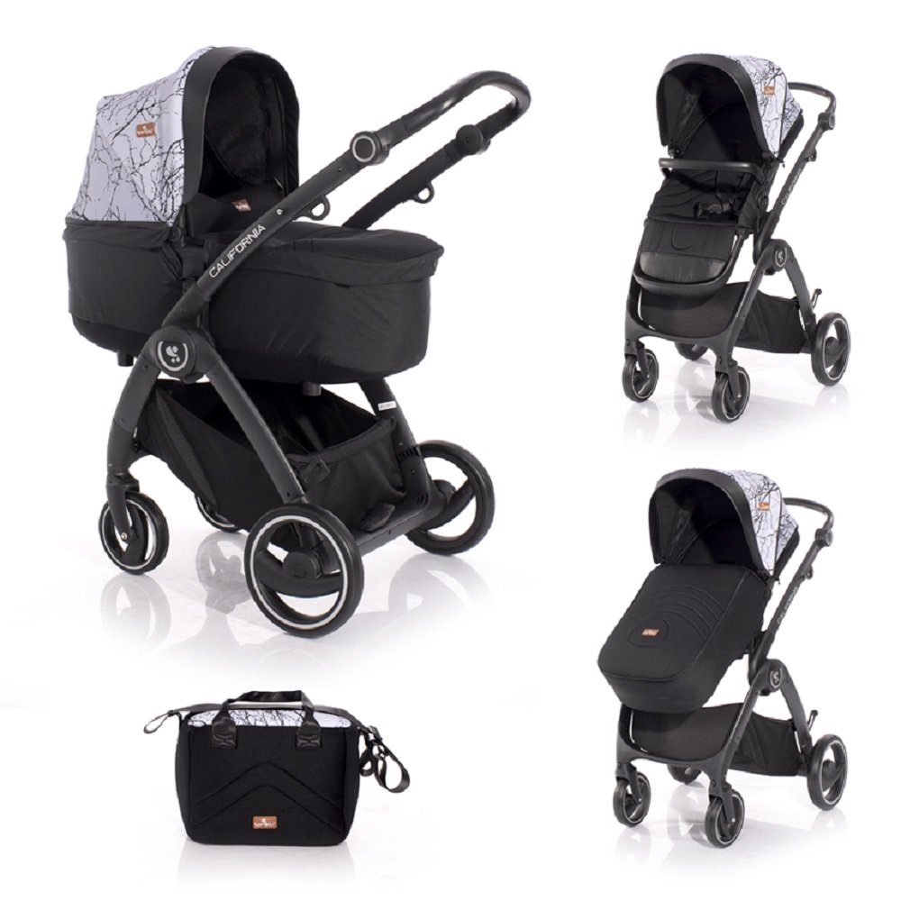 Lorelli Kombi-Kinderwagen Kinderwagen California, Babywanne Sportsitz Alurahmen Wickeltasche grau