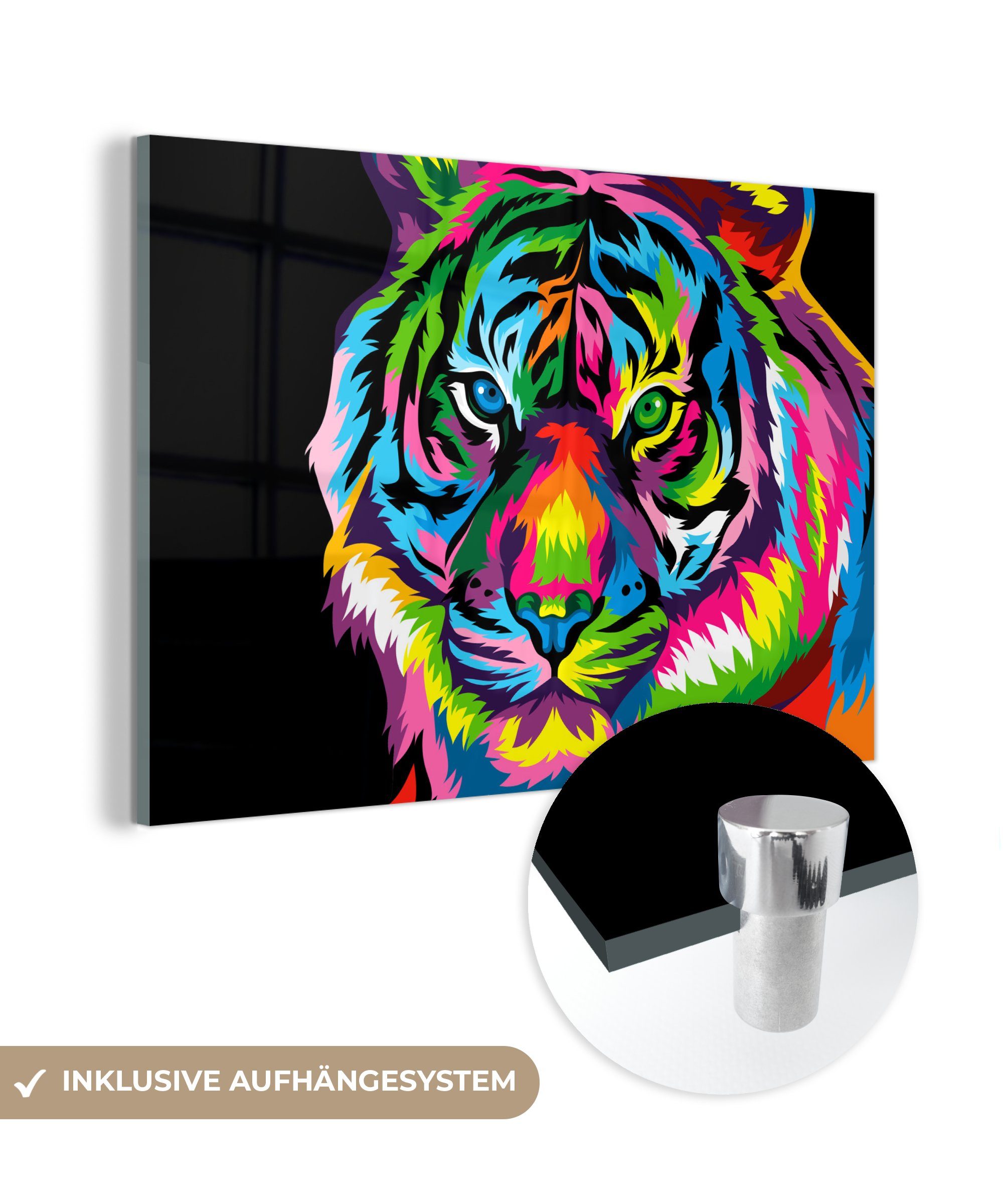 MuchoWow Acrylglasbild Tiger - Kopf - Regenbogen, (1 St), Acrylglasbilder Wohnzimmer & Schlafzimmer