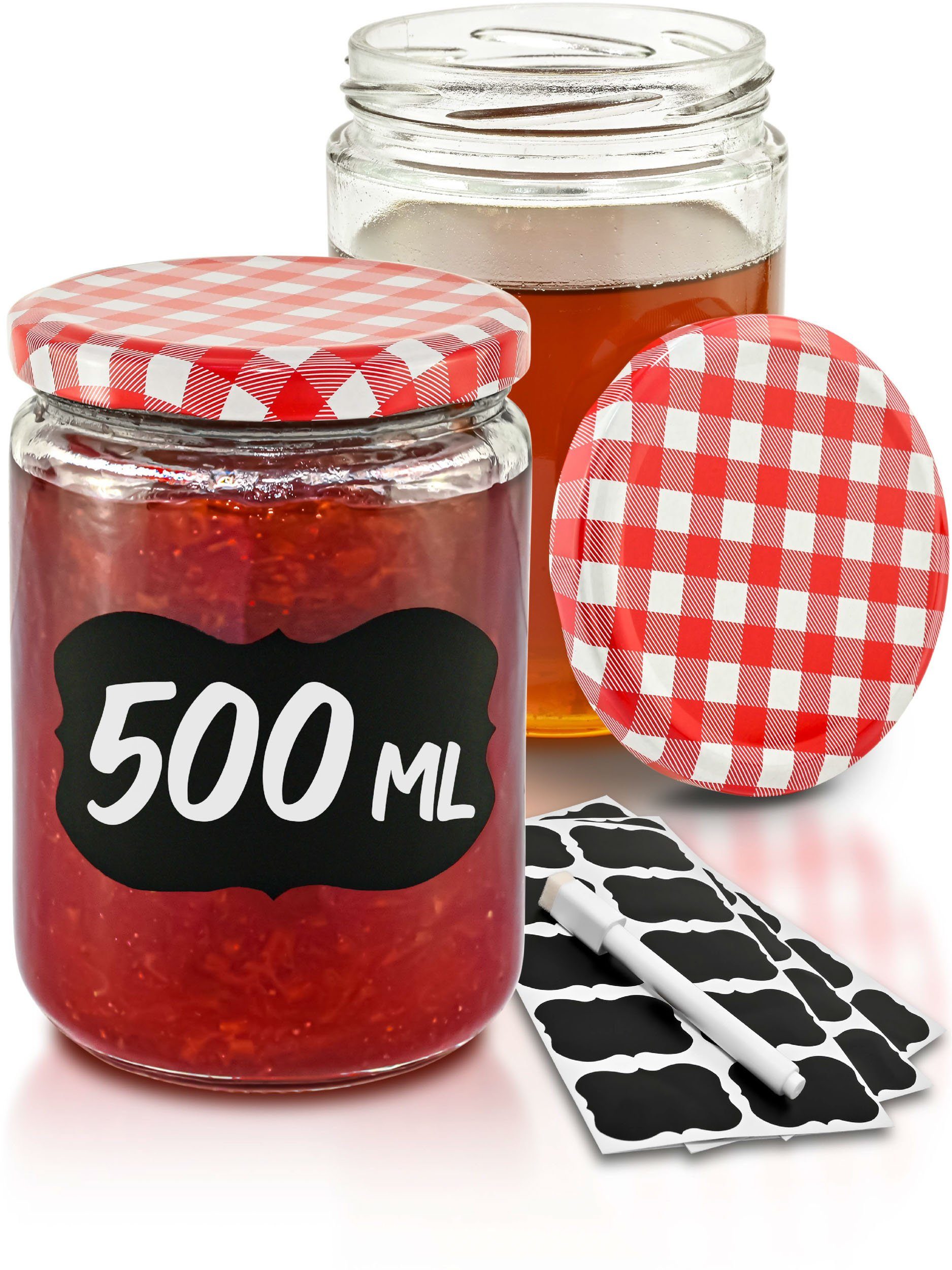 Praknu Einmachglas Praknu 12 Marmeladengläser 500 ml Rot, Glas, (Set, 12-tlg.,  12 Einkochgläser, 12 Etiketten, Stift zum Beschriften), mit Schraubdeckel,  Etiketten - Luftdichte Einkochgläser zum Konservieren