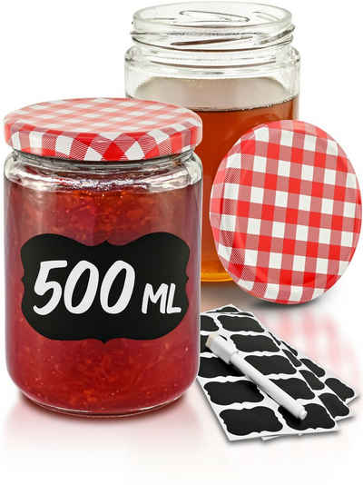 Praknu Einmachglas Praknu 12 Marmeladengläser 500 ml Rot, Glas, (Set, 12-tlg., 12 Einkochgläser, 12 Etiketten, Stift zum Beschriften), mit Schraubdeckel, Etiketten - Luftdichte Einkochgläser zum Konservieren