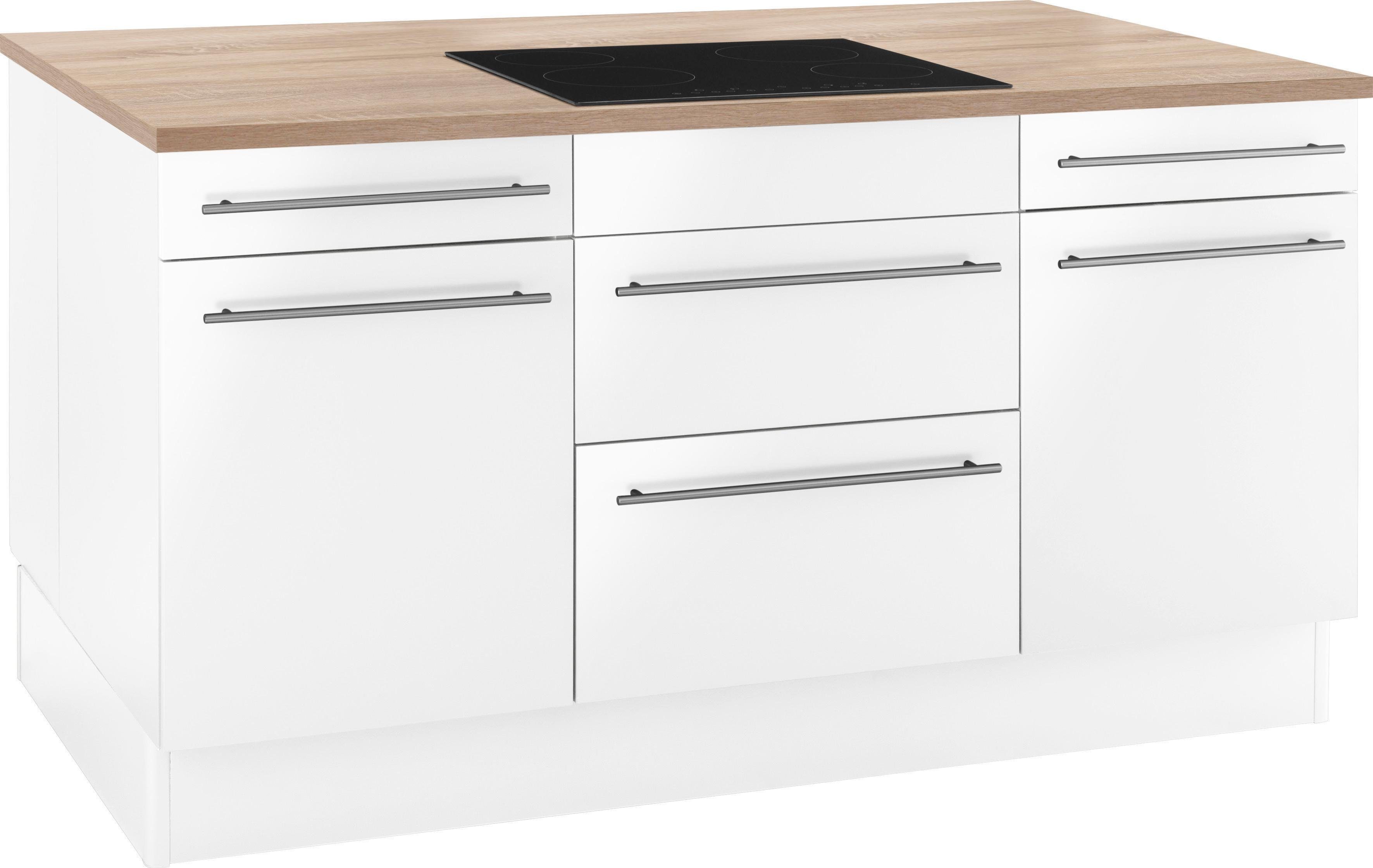 OPTIFIT Kücheninsel Bern, Stellbreite 160x95 cm mit höhenverstellbaren Füßen, mit Metallgriffen weiß Hochglanz/weiß-eichefarben