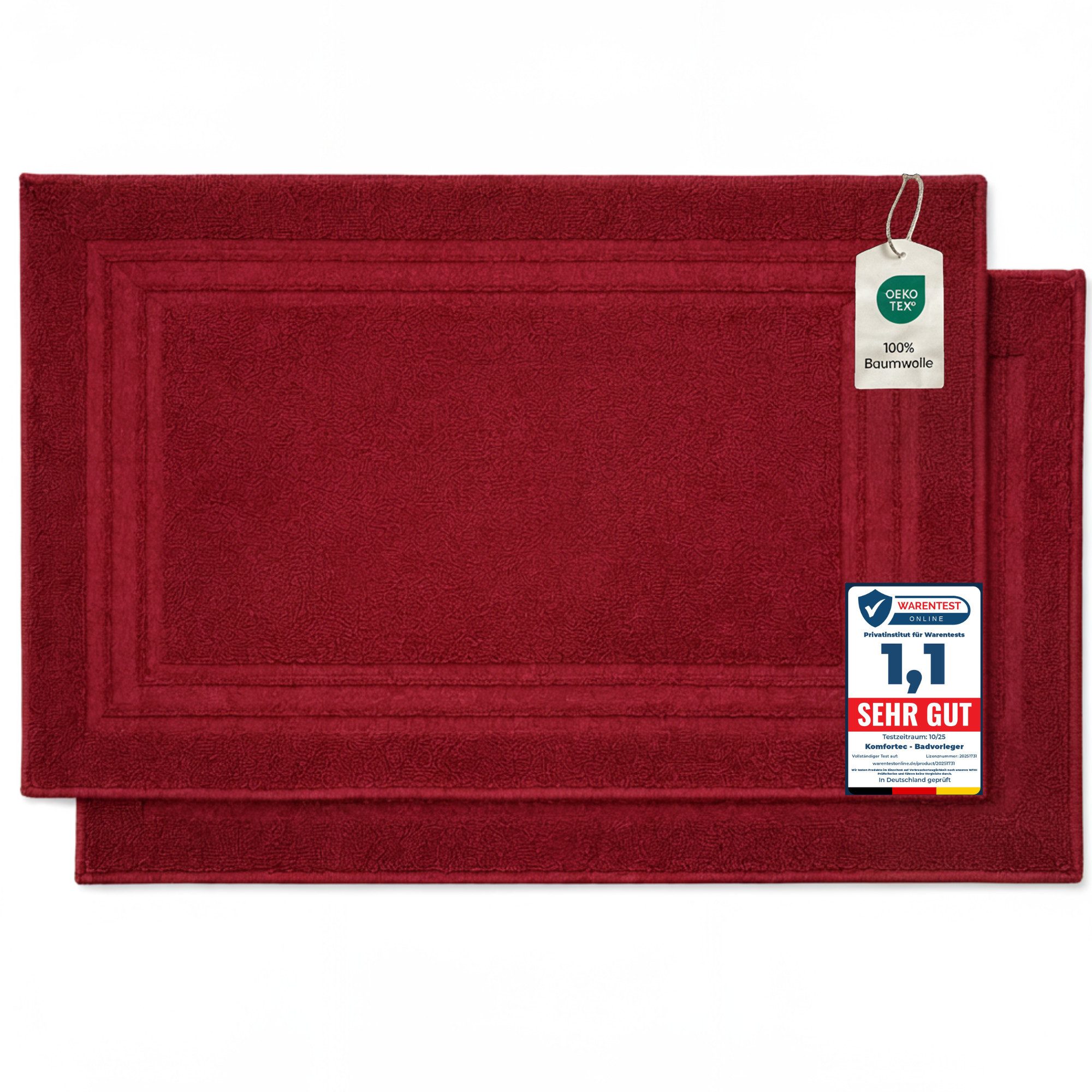 Komfortec Badematte Badvorleger aus 100% Baumwolle, 50x70 cm Duschvorleger, Waschbar Duschmatte, Frottee, Rechteckig, 600 g/m², 2er Set, Saugfähig & Schnelltrocknend